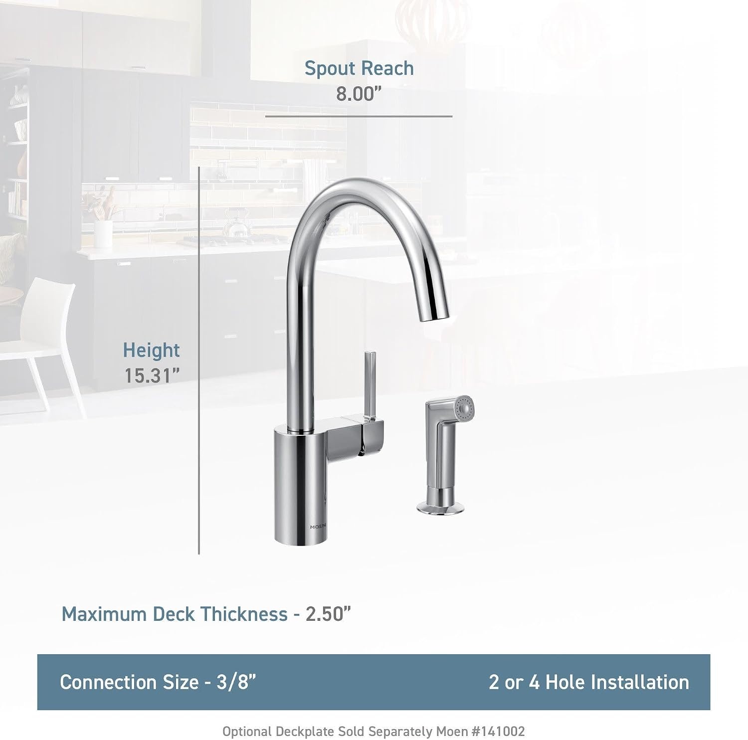 image:imageMoen 7165 Align OneHandle HighArc Modern Kitchen Faucet with Side Spray ChromeSpot Resist Stainless