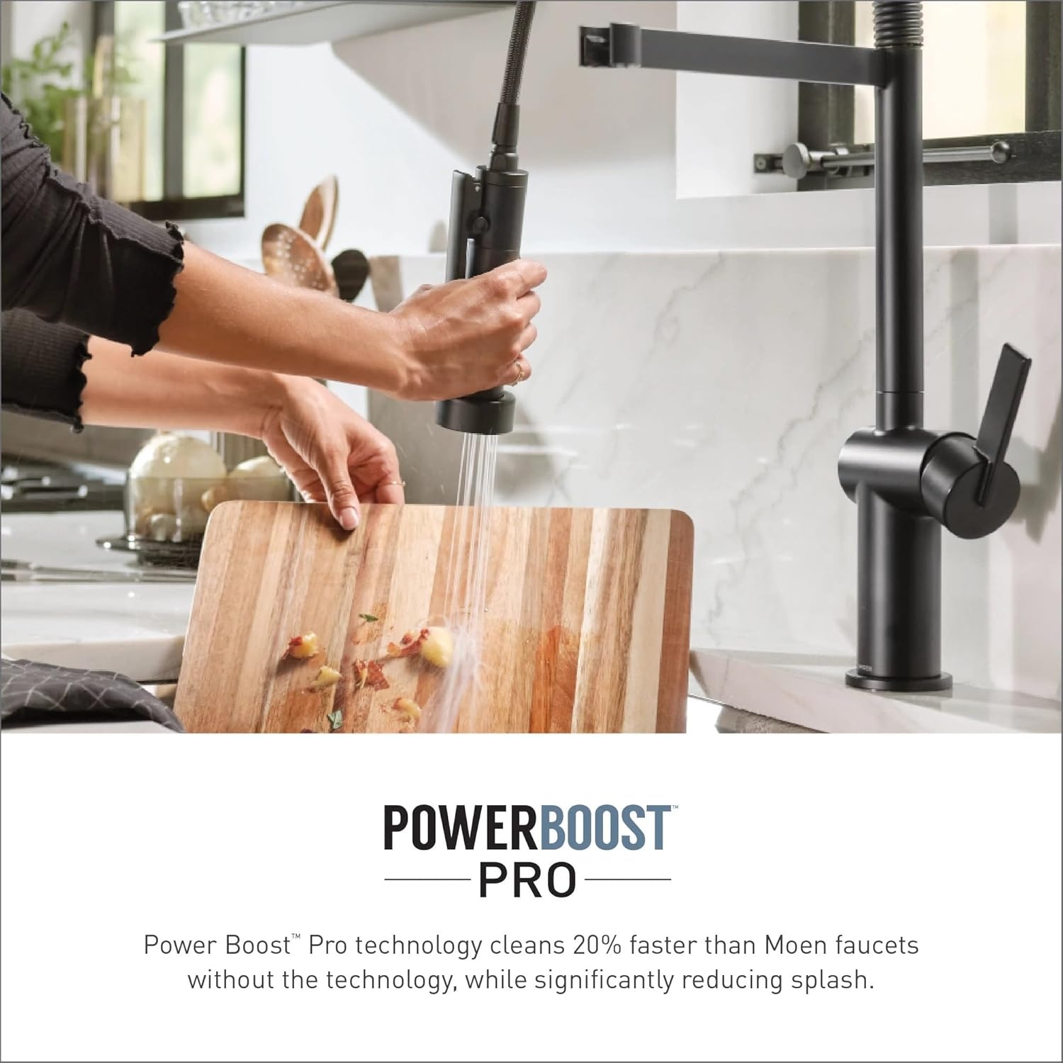 image:imageMoen 7622BL CIA Pulldown Kitchen Faucet with Power Boost Includes Optional Chrome and Brushed Gold Accents Matte Black withBrushed Gold