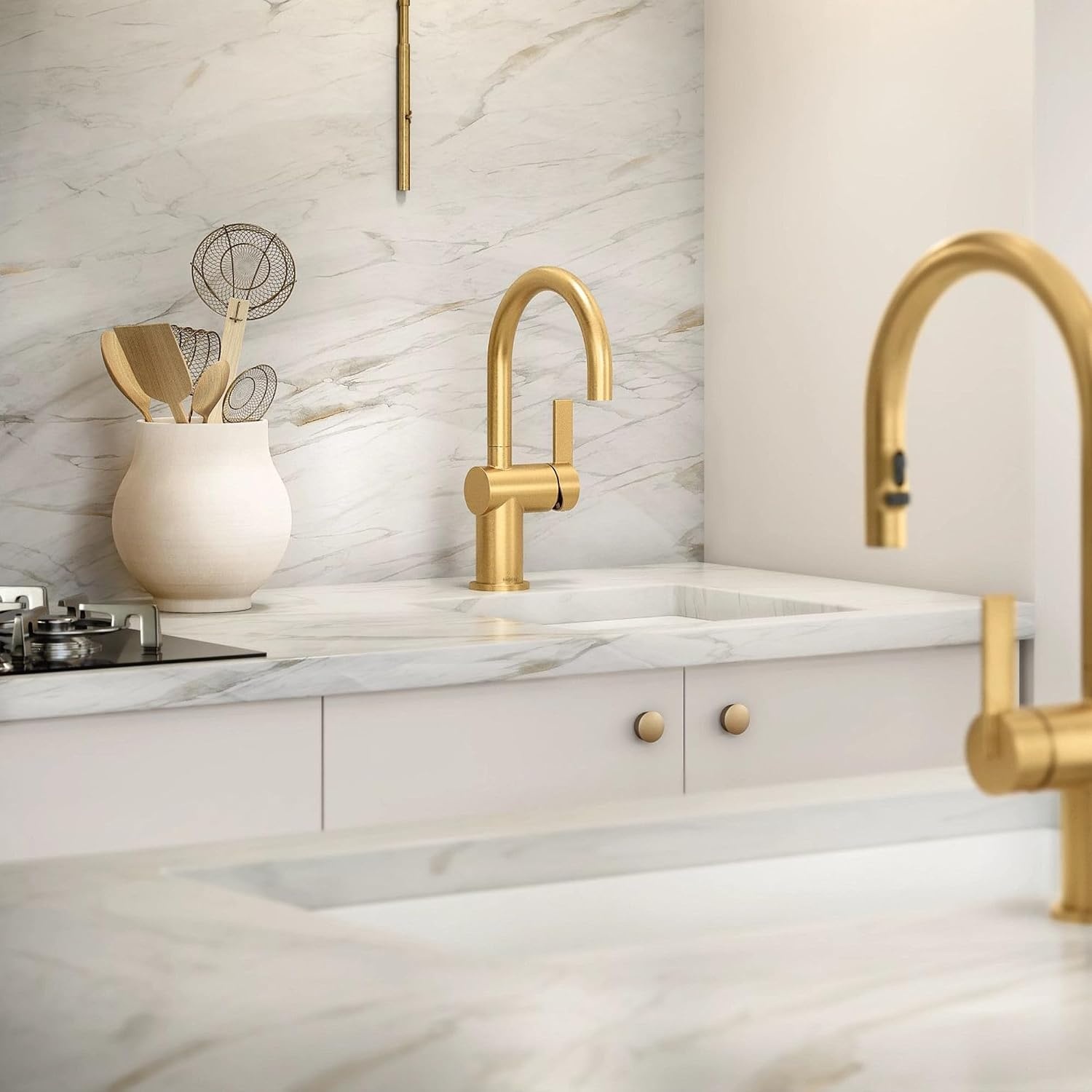 image:imageMoen 7622BL CIA Pulldown Kitchen Faucet with Power Boost Includes Optional Chrome and Brushed Gold Accents Matte Black withBrushed Gold
