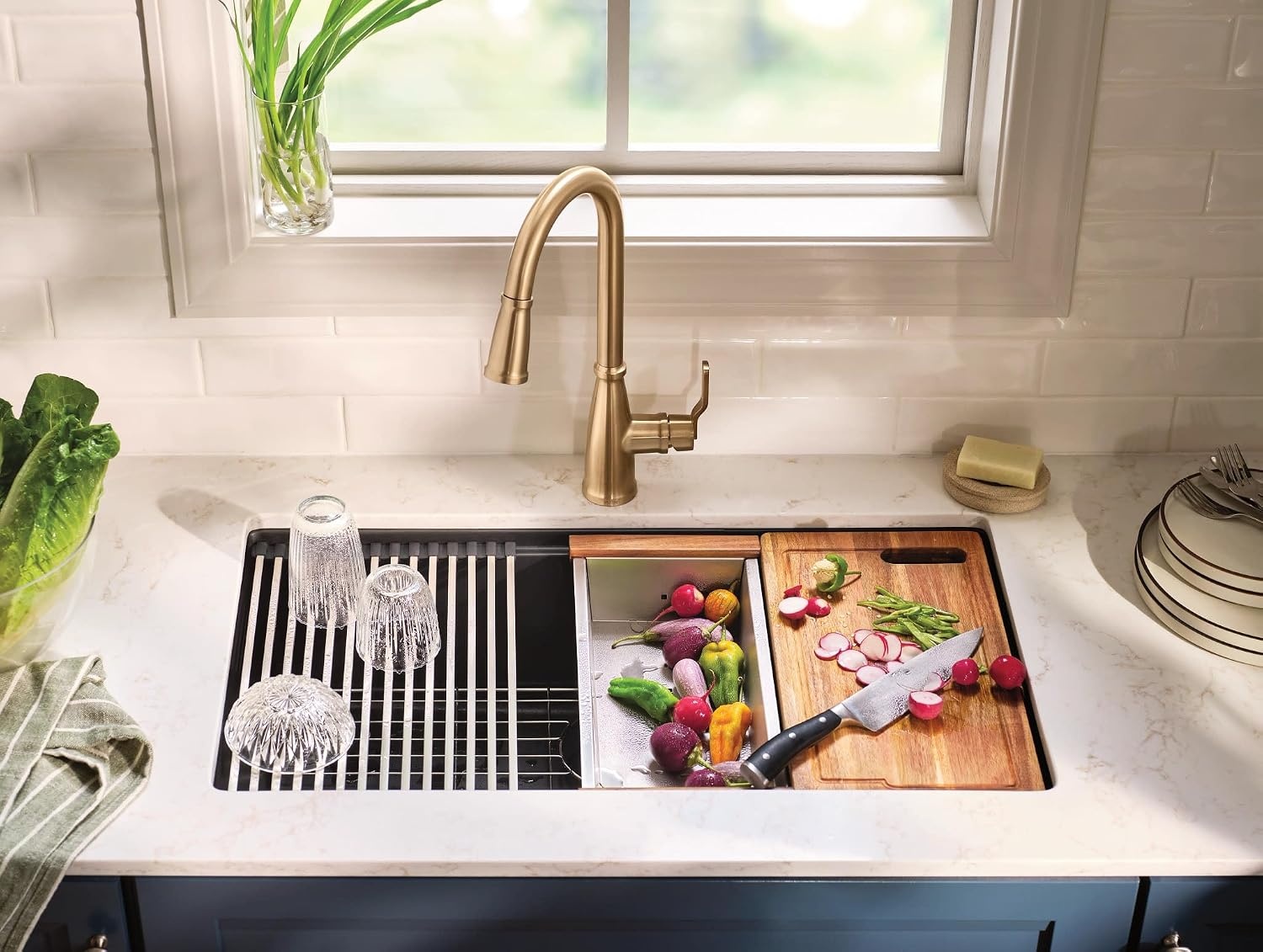 image:imageMoen 87071BZG Nolia OneHandle PullDown Kitchen Faucet with Power Boost Soap Dispenser Included High Arc 1 or 3 Hole Installation Brushed GoldBronzed Gold