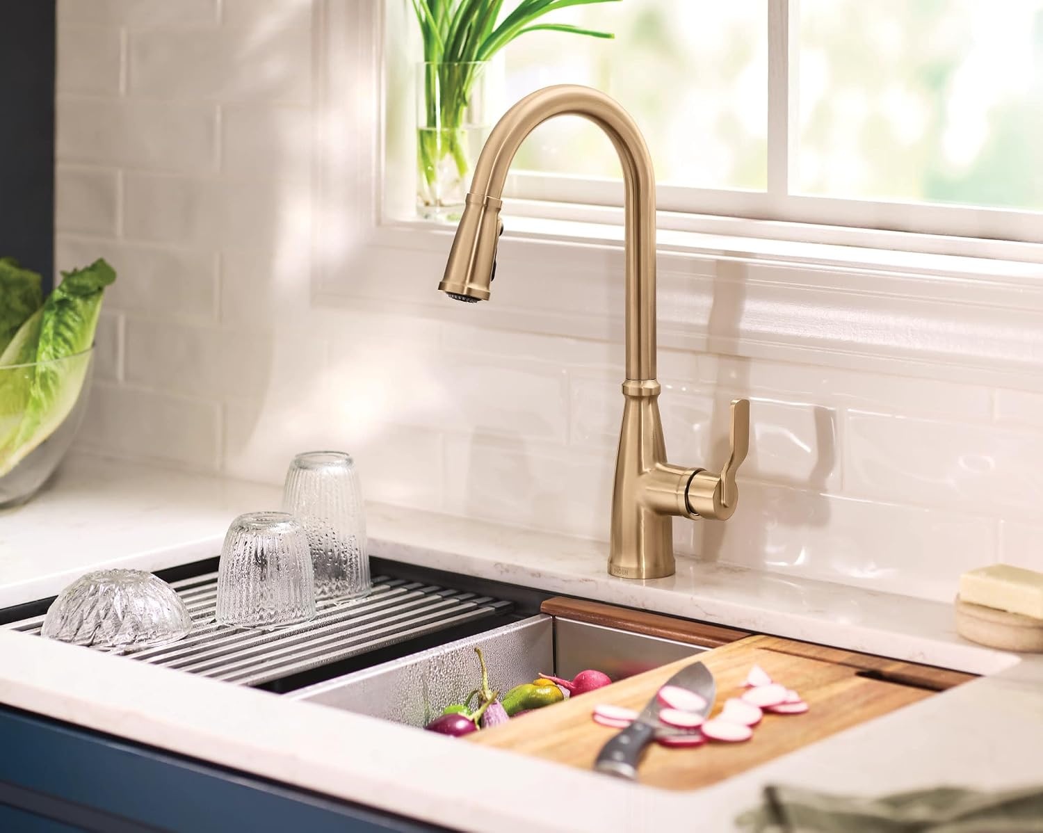 image:imageMoen 87071BZG Nolia OneHandle PullDown Kitchen Faucet with Power Boost Soap Dispenser Included High Arc 1 or 3 Hole Installation Brushed GoldBronzed Gold