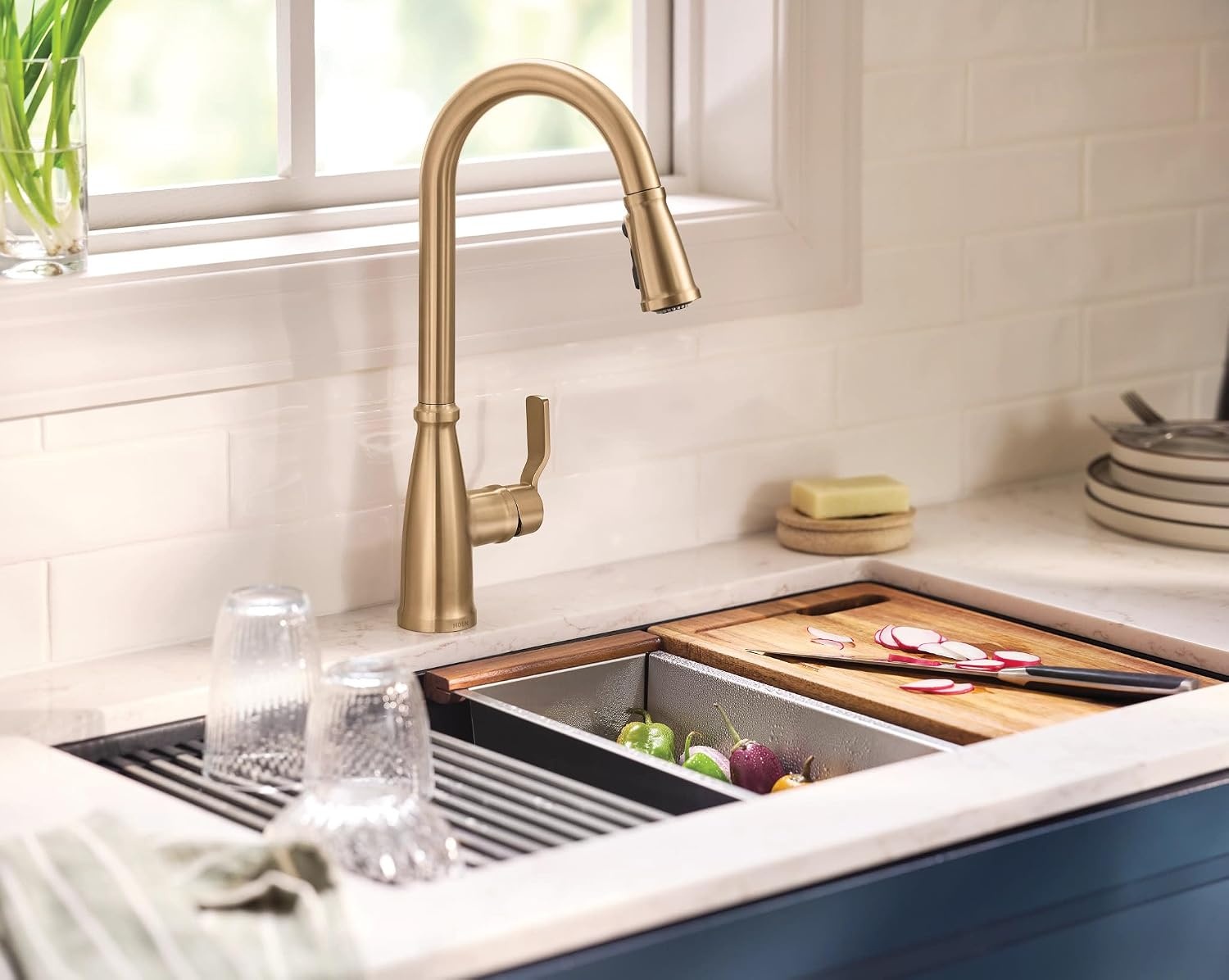 image:imageMoen 87071BZG Nolia OneHandle PullDown Kitchen Faucet with Power Boost Soap Dispenser Included High Arc 1 or 3 Hole Installation Brushed GoldBronzed Gold
