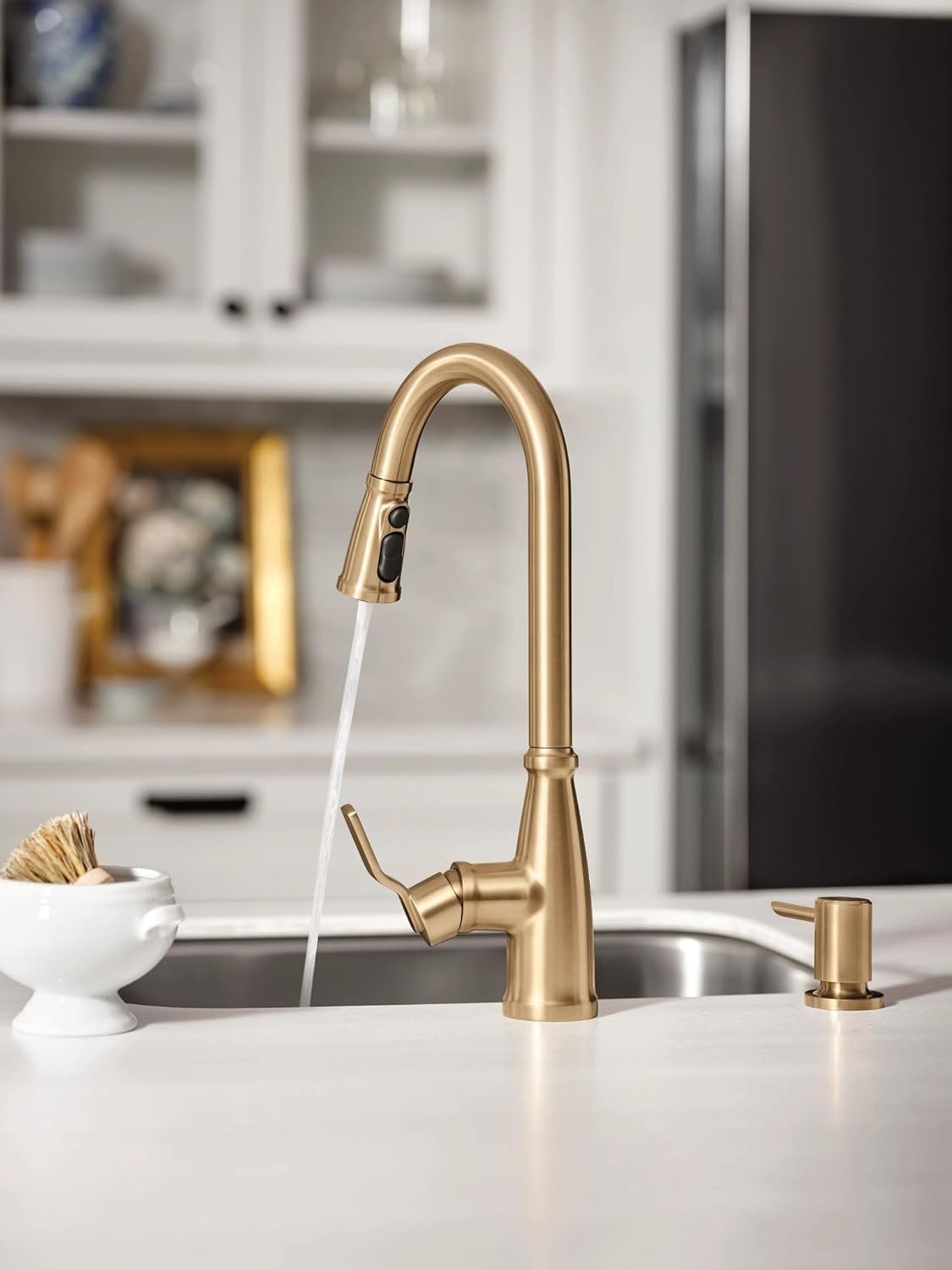 image:imageMoen 87071BZG Nolia OneHandle PullDown Kitchen Faucet with Power Boost Soap Dispenser Included High Arc 1 or 3 Hole Installation Brushed GoldBronzed Gold