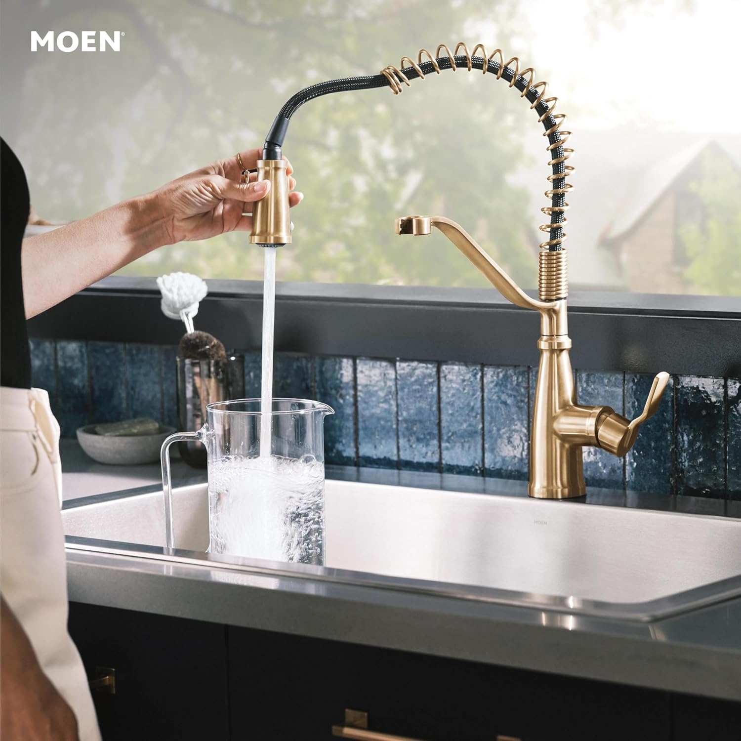 image:imageMoen 87071BZG Nolia OneHandle PullDown Kitchen Faucet with Power Boost Soap Dispenser Included High Arc 1 or 3 Hole Installation Brushed GoldBronzed Gold