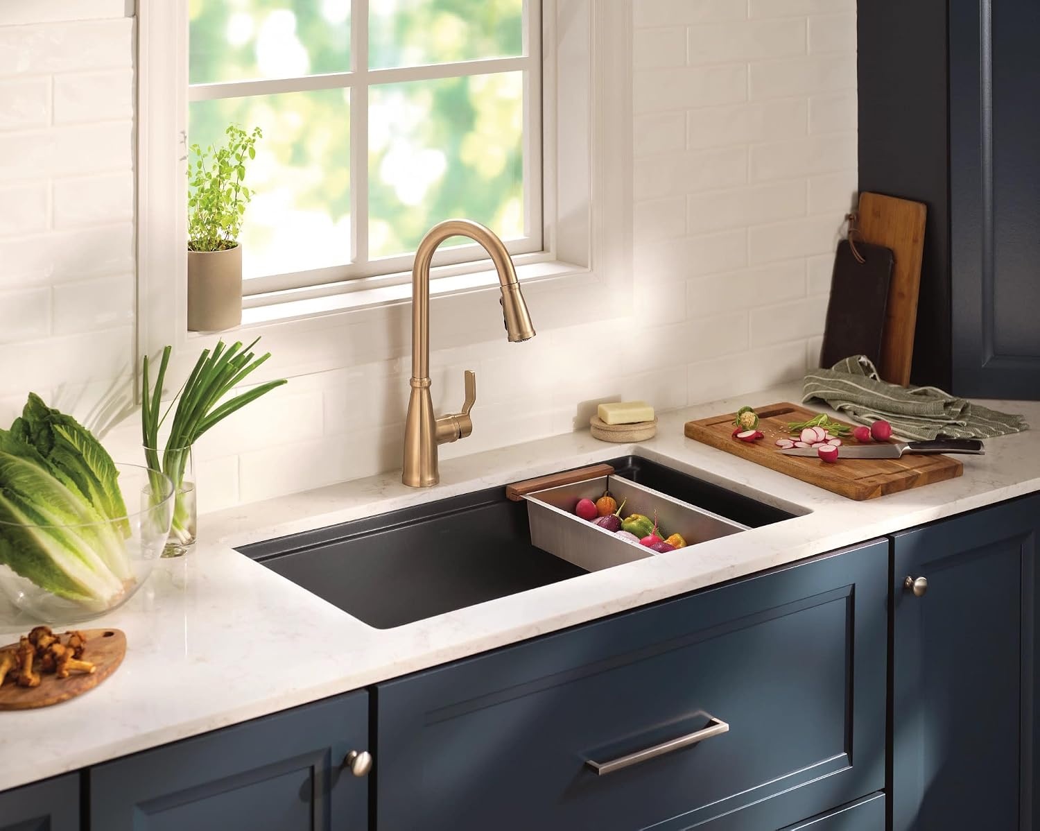 image:imageMoen 87071BZG Nolia OneHandle PullDown Kitchen Faucet with Power Boost Soap Dispenser Included High Arc 1 or 3 Hole Installation Brushed GoldBronzed Gold