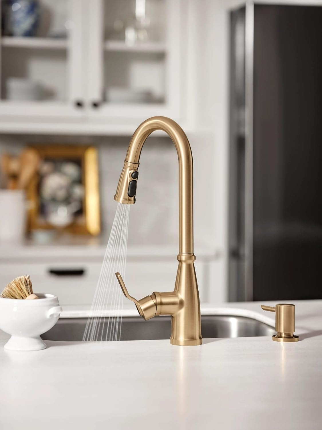 image:imageMoen 87071BZG Nolia OneHandle PullDown Kitchen Faucet with Power Boost Soap Dispenser Included High Arc 1 or 3 Hole Installation Brushed GoldBronzed Gold