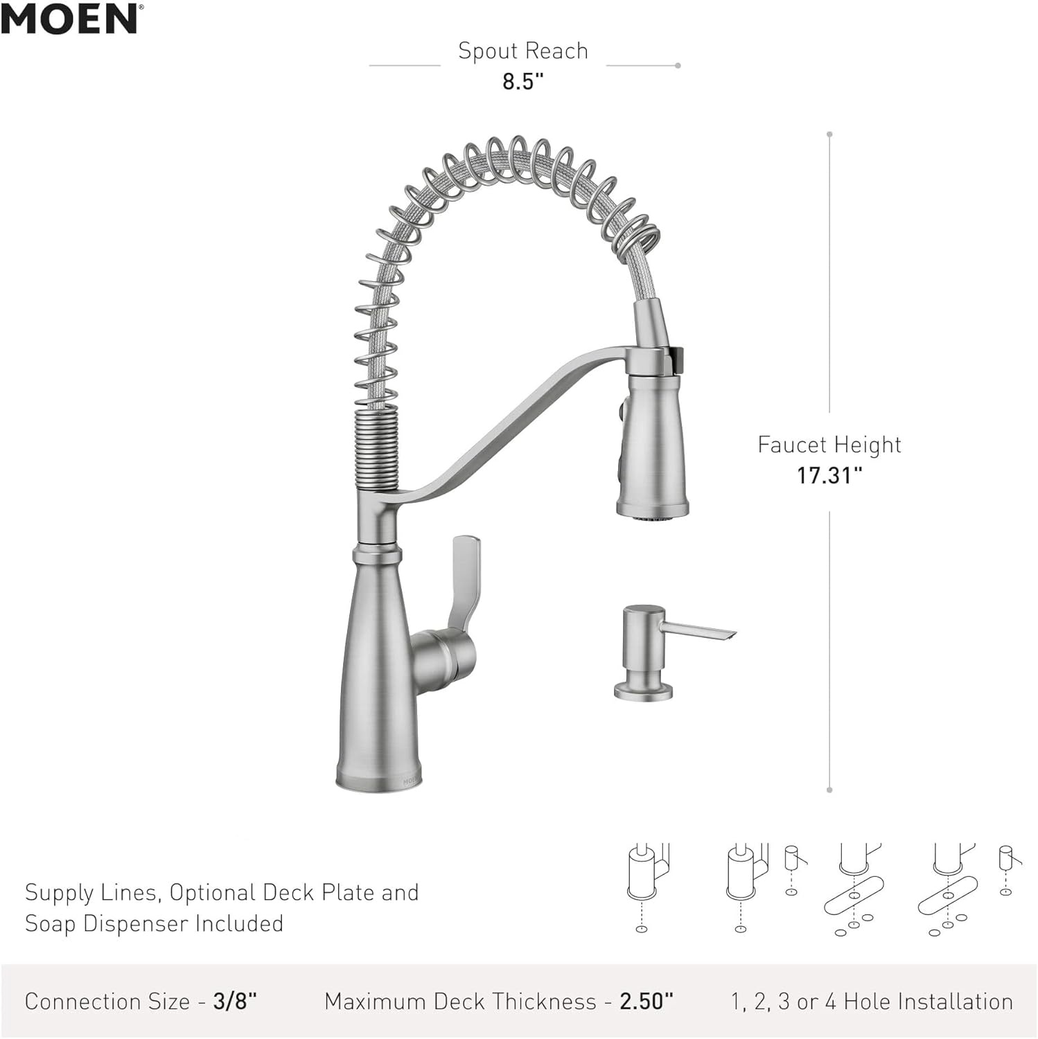 image:imageMoen 87071BZG Nolia OneHandle PullDown Kitchen Faucet with Power Boost Soap Dispenser Included High Arc 1 or 3 Hole Installation Brushed GoldBronzed Gold