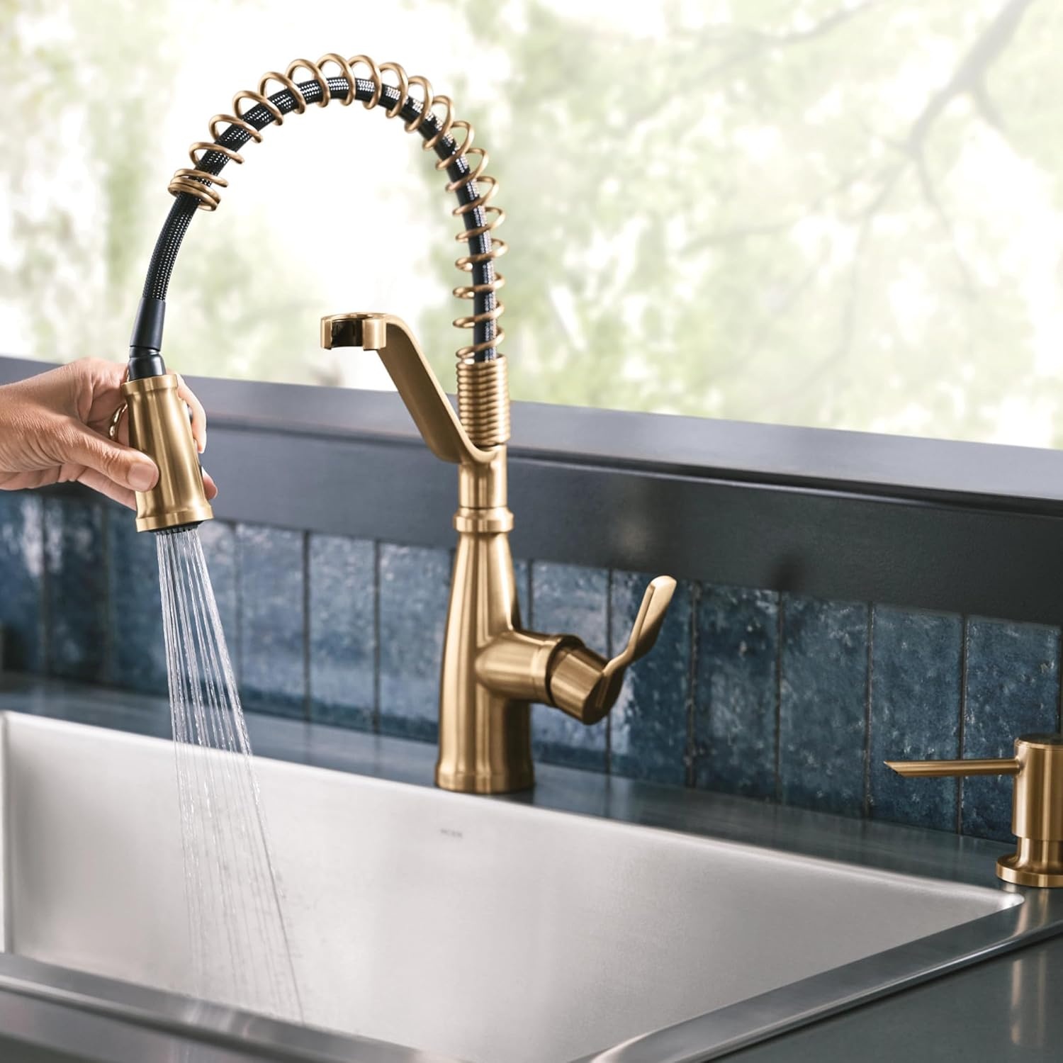 image:imageMoen 87071BZG Nolia OneHandle PullDown Kitchen Faucet with Power Boost Soap Dispenser Included High Arc 1 or 3 Hole Installation Brushed GoldBronzed Gold