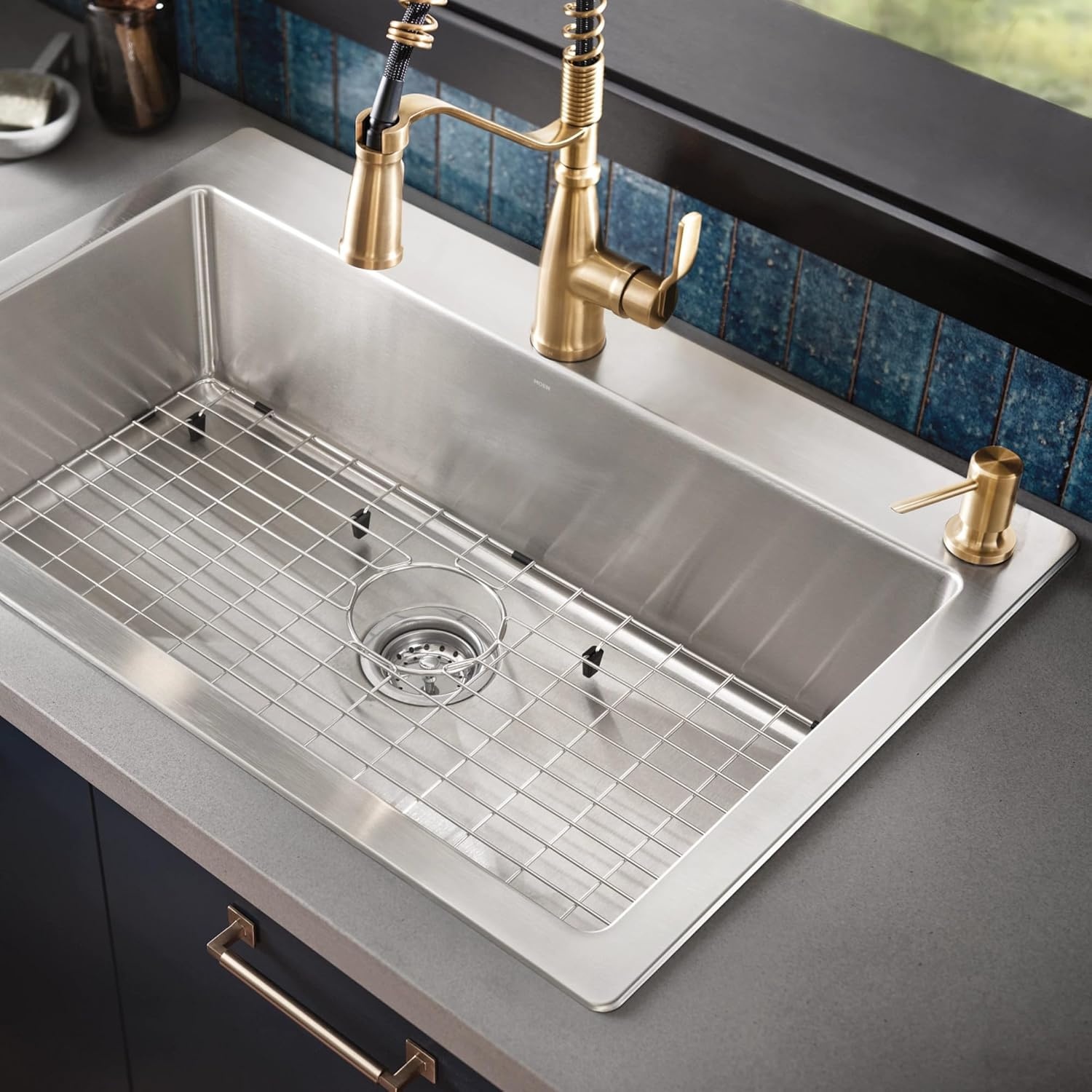 image:imageMoen 87071BZG Nolia OneHandle PullDown Kitchen Faucet with Power Boost Soap Dispenser Included High Arc 1 or 3 Hole Installation Brushed GoldBronzed Gold