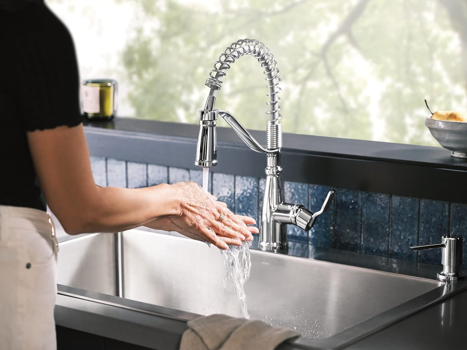 image:imageMoen 87071BZG Nolia OneHandle PullDown Kitchen Faucet with Power Boost Soap Dispenser Included High Arc 1 or 3 Hole Installation Brushed GoldChrome