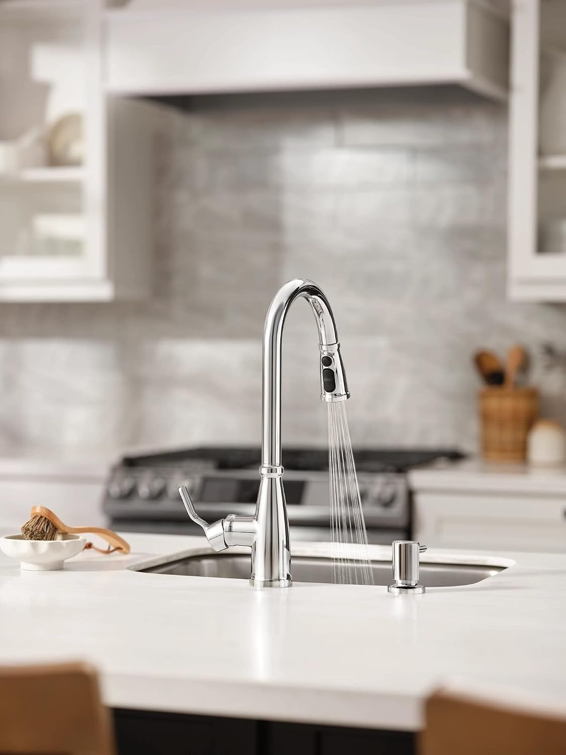 image:imageMoen 87071BZG Nolia OneHandle PullDown Kitchen Faucet with Power Boost Soap Dispenser Included High Arc 1 or 3 Hole Installation Brushed GoldChrome