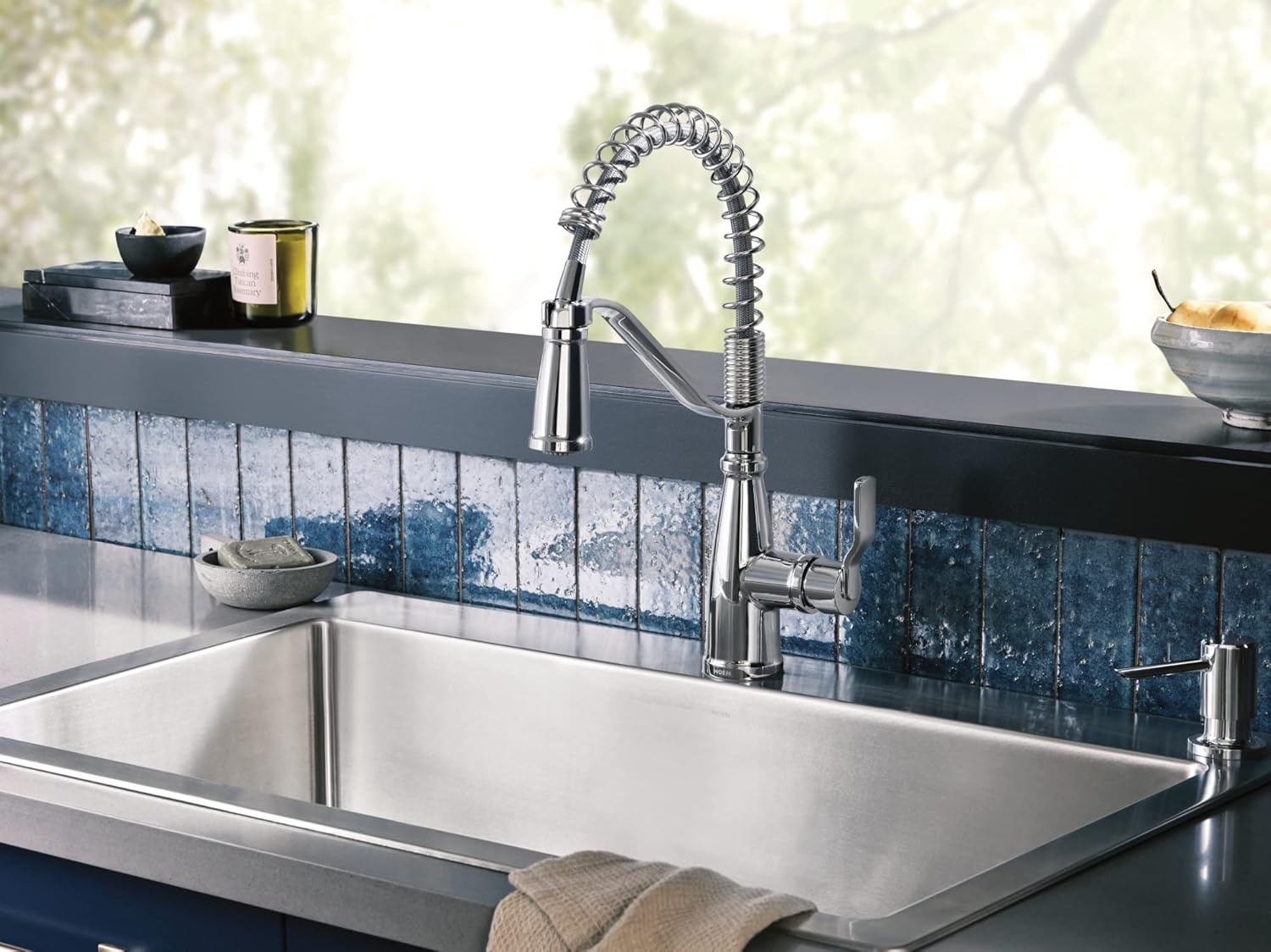 image:imageMoen 87071BZG Nolia OneHandle PullDown Kitchen Faucet with Power Boost Soap Dispenser Included High Arc 1 or 3 Hole Installation Brushed GoldChrome
