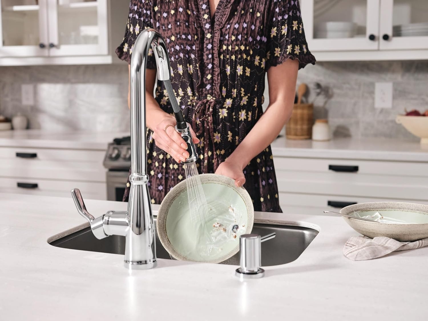 image:imageMoen 87071BZG Nolia OneHandle PullDown Kitchen Faucet with Power Boost Soap Dispenser Included High Arc 1 or 3 Hole Installation Brushed GoldChrome