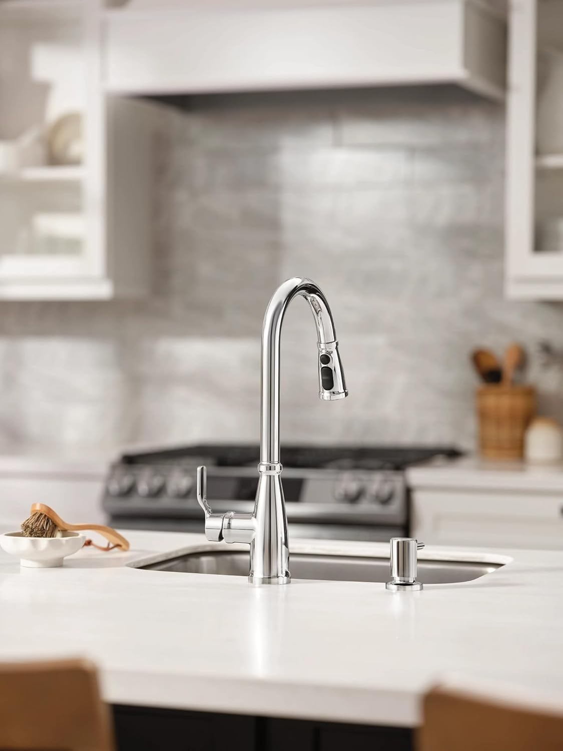 image:imageMoen 87071BZG Nolia OneHandle PullDown Kitchen Faucet with Power Boost Soap Dispenser Included High Arc 1 or 3 Hole Installation Brushed GoldChrome