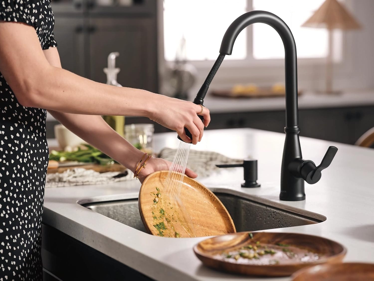 image:imageMoen 87071BZG Nolia OneHandle PullDown Kitchen Faucet with Power Boost Soap Dispenser Included High Arc 1 or 3 Hole Installation Brushed GoldMatte Black