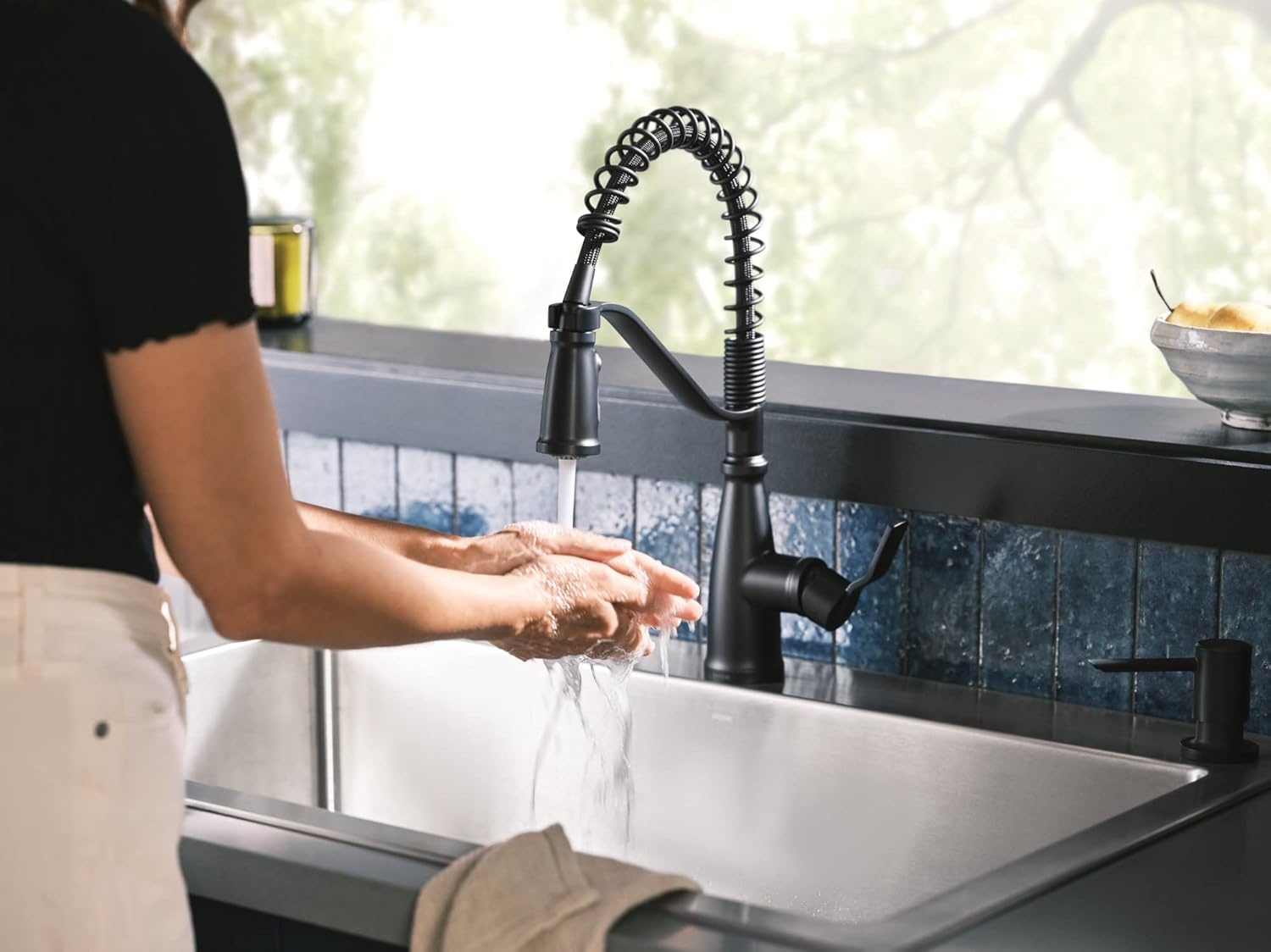 image:imageMoen 87071BZG Nolia OneHandle PullDown Kitchen Faucet with Power Boost Soap Dispenser Included High Arc 1 or 3 Hole Installation Brushed GoldMatte Black