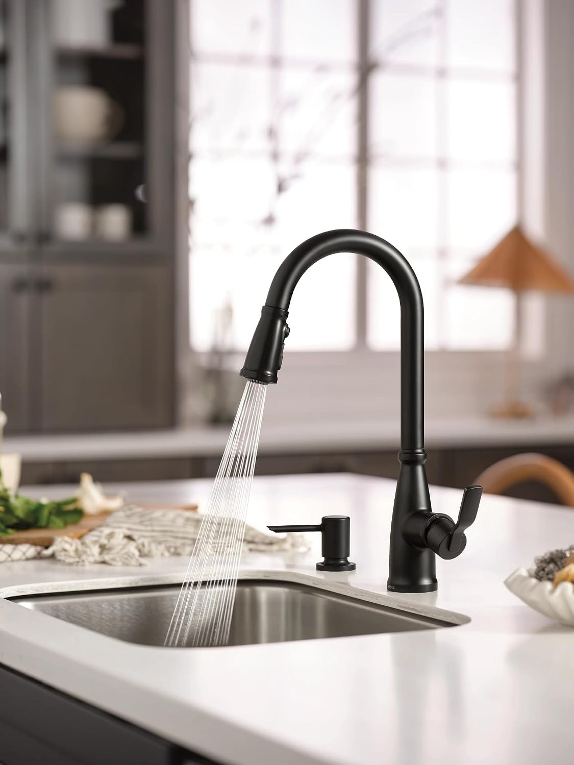 image:imageMoen 87071BZG Nolia OneHandle PullDown Kitchen Faucet with Power Boost Soap Dispenser Included High Arc 1 or 3 Hole Installation Brushed GoldMatte Black