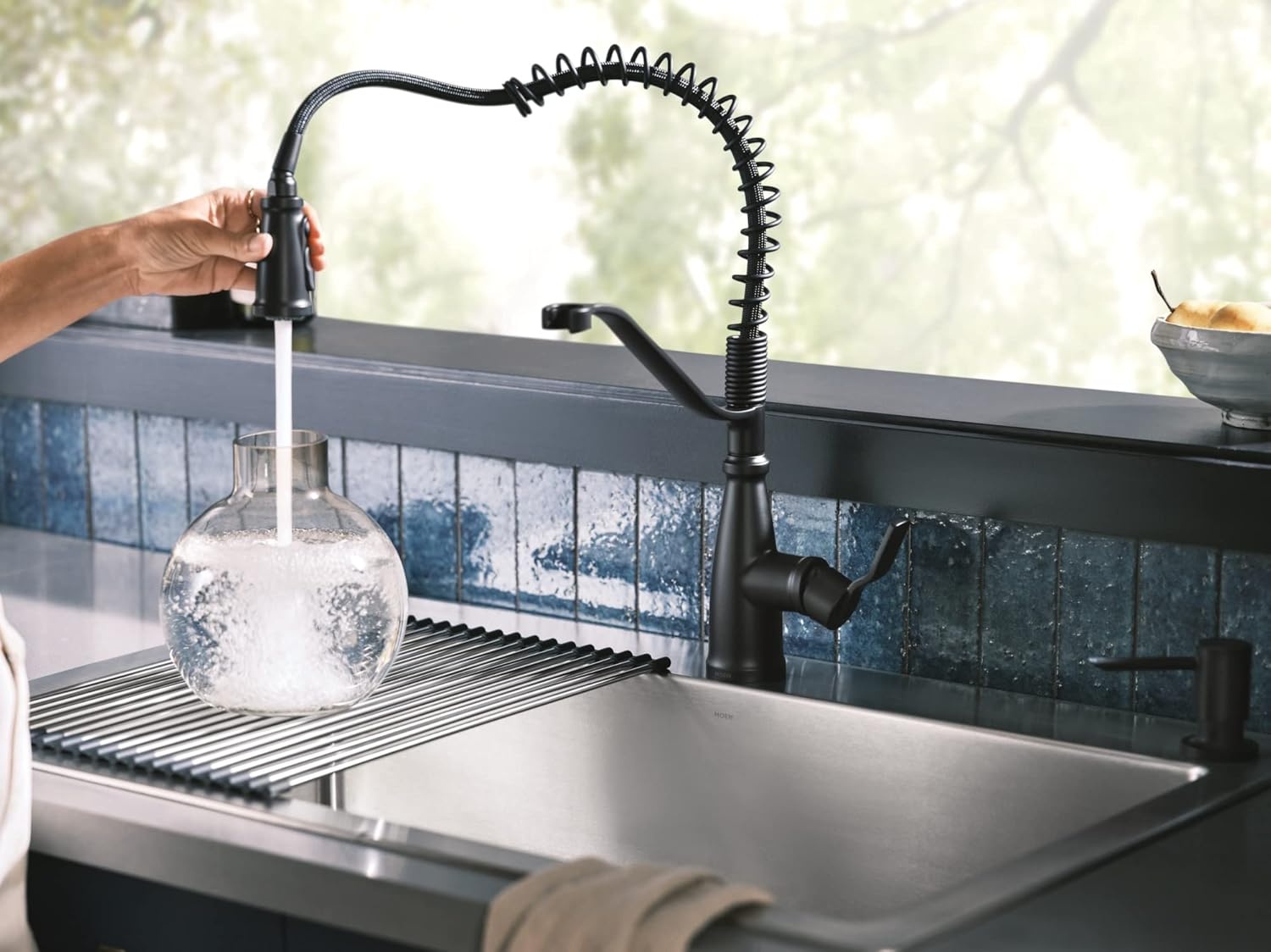 image:imageMoen 87071BZG Nolia OneHandle PullDown Kitchen Faucet with Power Boost Soap Dispenser Included High Arc 1 or 3 Hole Installation Brushed GoldMatte Black