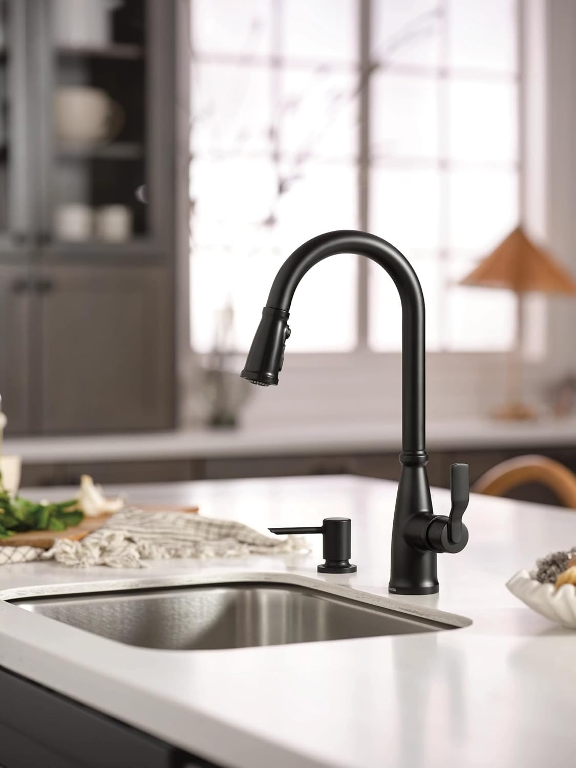 image:imageMoen 87071BZG Nolia OneHandle PullDown Kitchen Faucet with Power Boost Soap Dispenser Included High Arc 1 or 3 Hole Installation Brushed GoldMatte Black