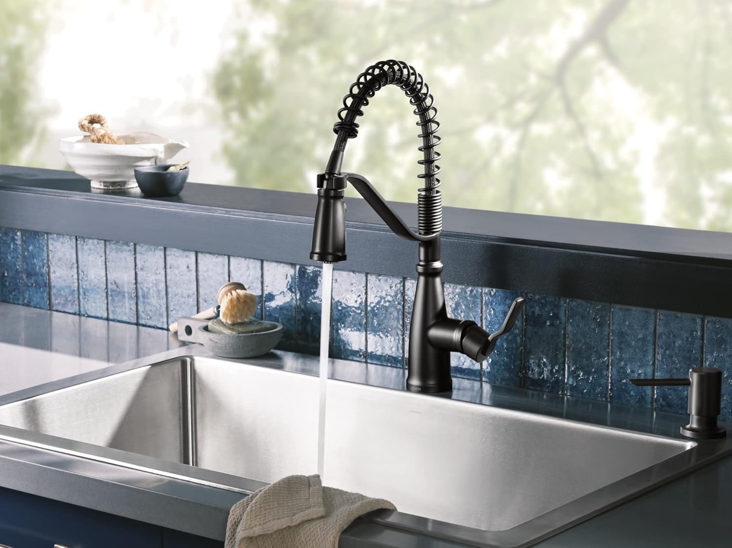 image:imageMoen 87071BZG Nolia OneHandle PullDown Kitchen Faucet with Power Boost Soap Dispenser Included High Arc 1 or 3 Hole Installation Brushed GoldMatte Black