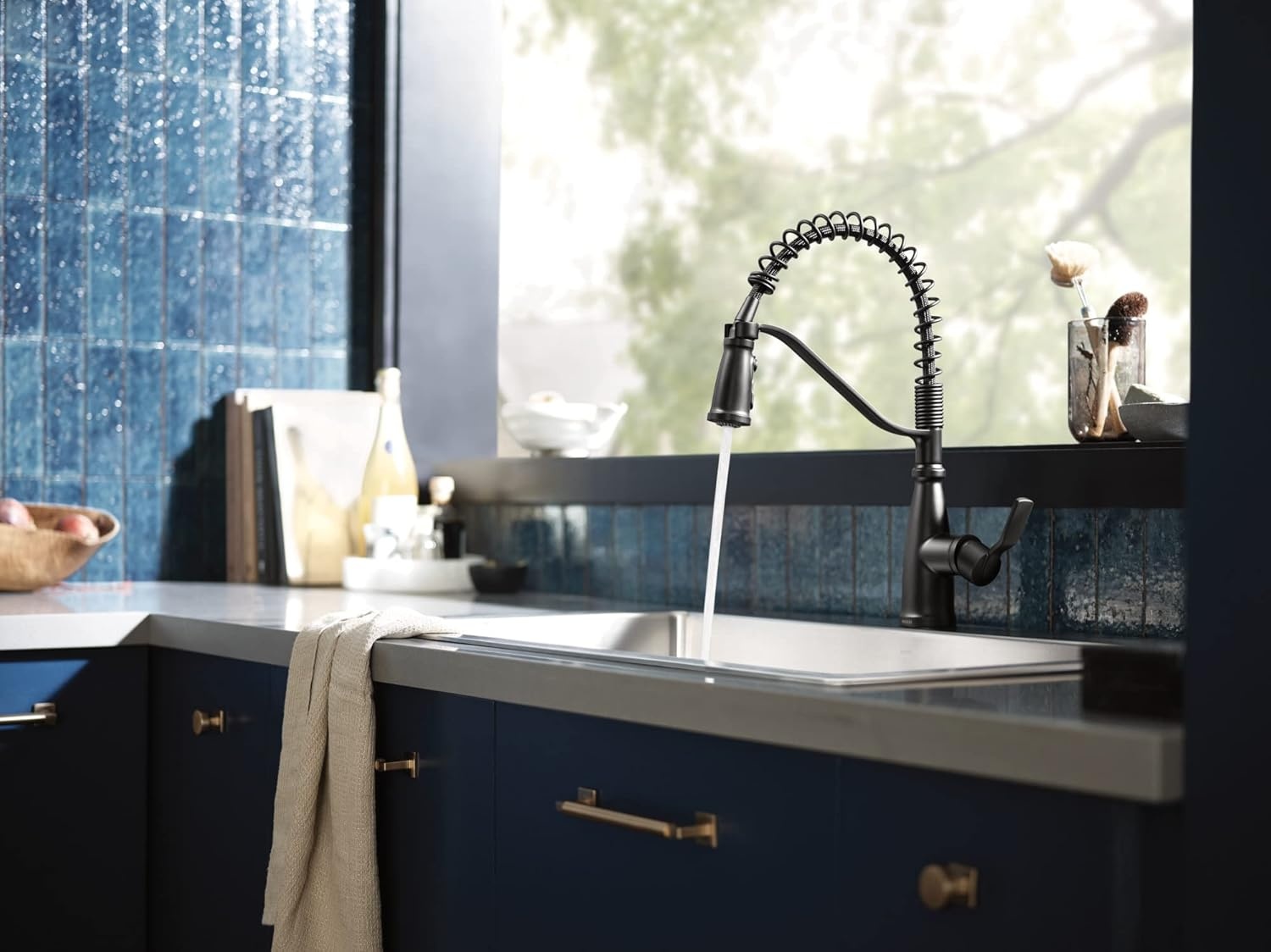 image:imageMoen 87071BZG Nolia OneHandle PullDown Kitchen Faucet with Power Boost Soap Dispenser Included High Arc 1 or 3 Hole Installation Brushed GoldMatte Black