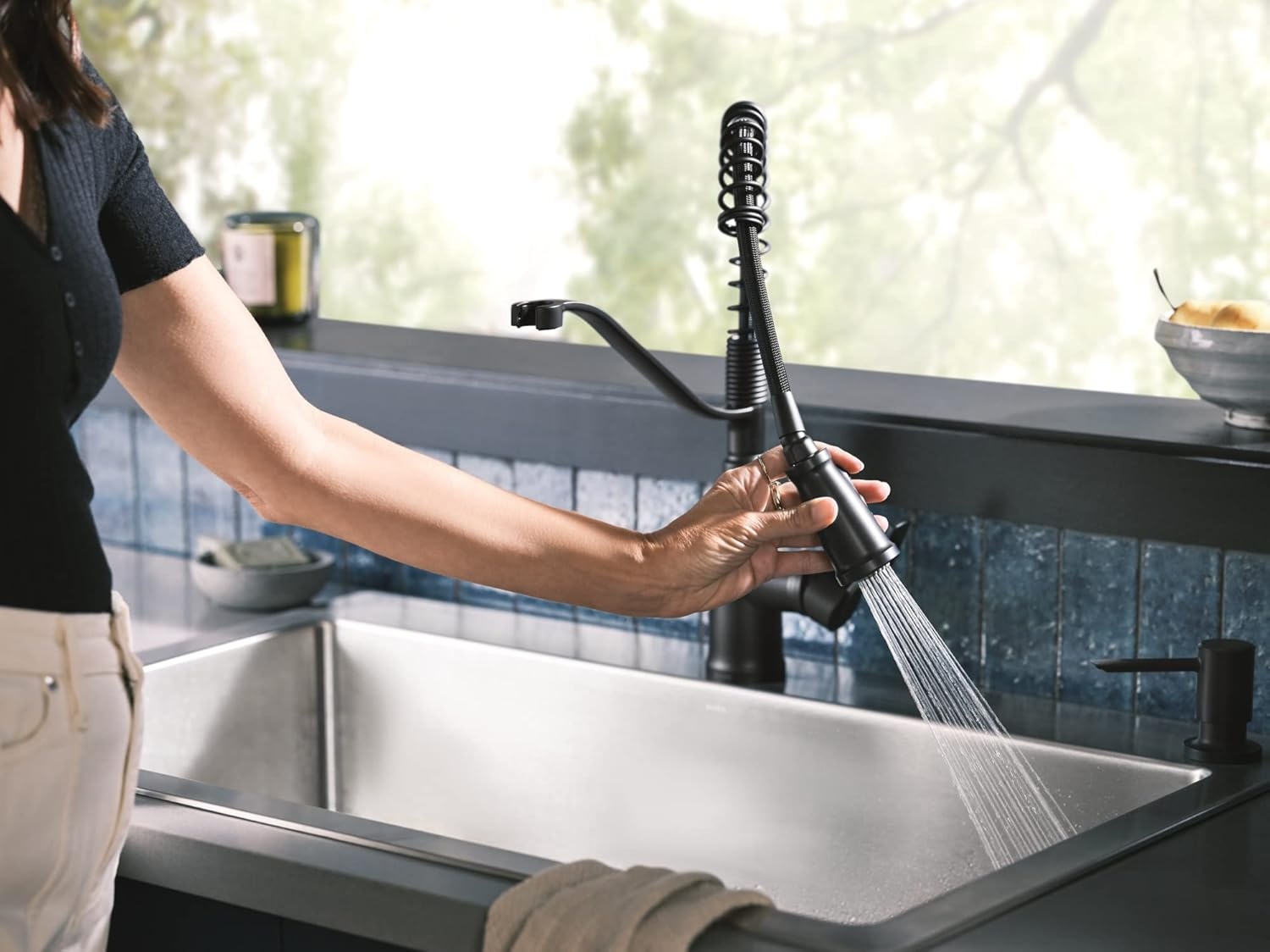 image:imageMoen 87071BZG Nolia OneHandle PullDown Kitchen Faucet with Power Boost Soap Dispenser Included High Arc 1 or 3 Hole Installation Brushed GoldMatte Black