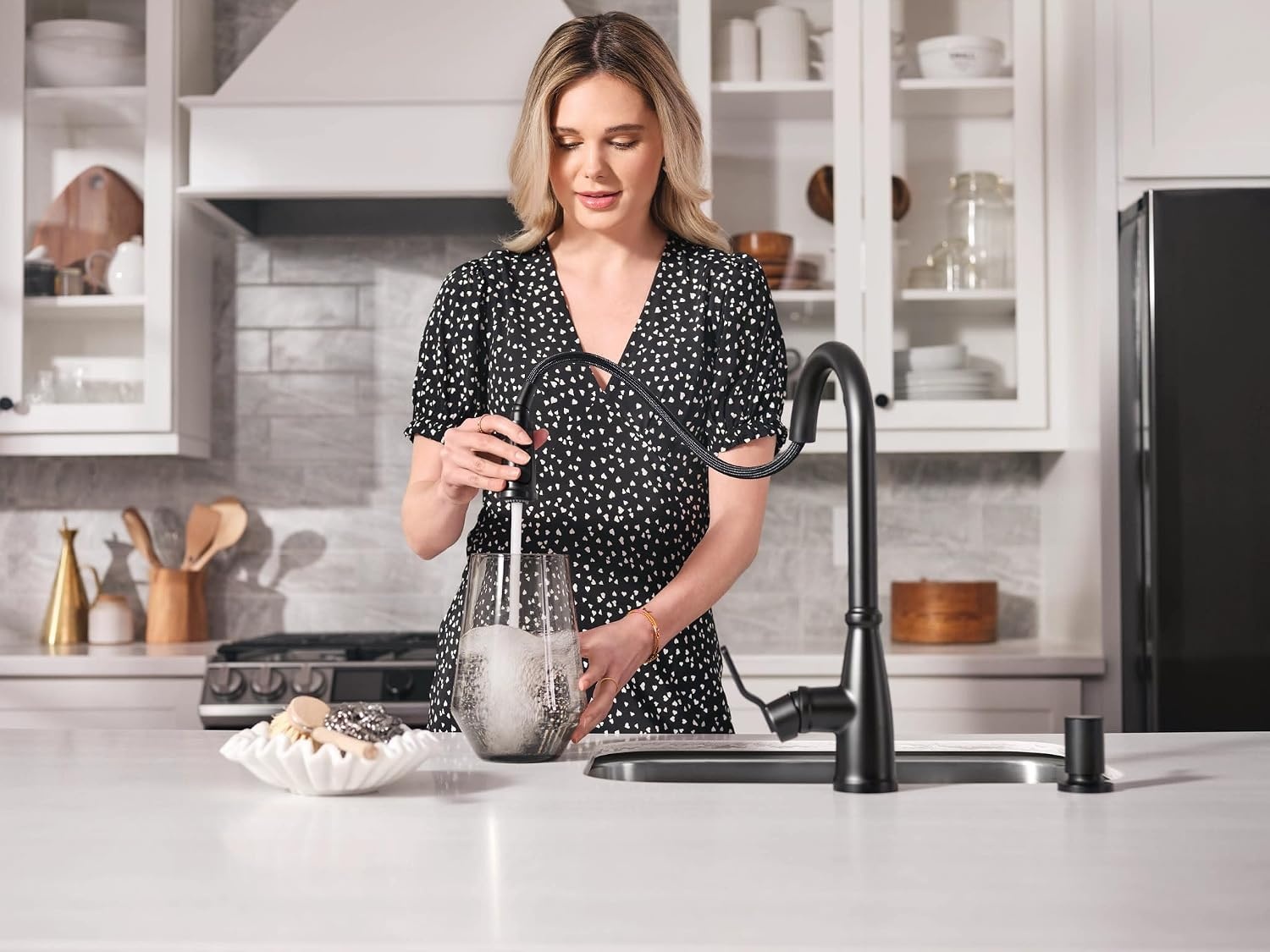 image:imageMoen 87071BZG Nolia OneHandle PullDown Kitchen Faucet with Power Boost Soap Dispenser Included High Arc 1 or 3 Hole Installation Brushed GoldMatte Black