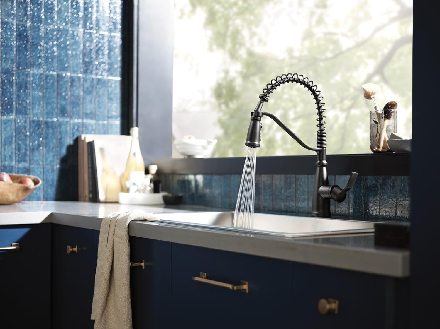 image:imageMoen 87071BZG Nolia OneHandle PullDown Kitchen Faucet with Power Boost Soap Dispenser Included High Arc 1 or 3 Hole Installation Brushed GoldMatte Black