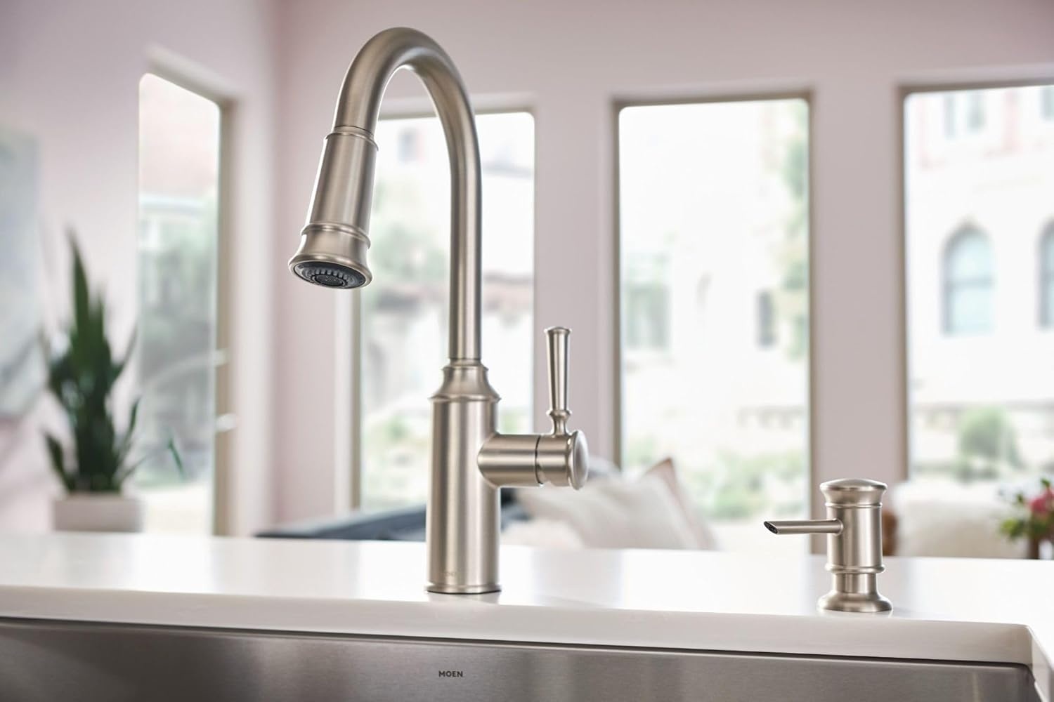image:imageMoen 87731SRS Glenshire OneHandle High Arc Pulldown Kitchen Faucet with Soap Dispenser Spot Resist Stainless