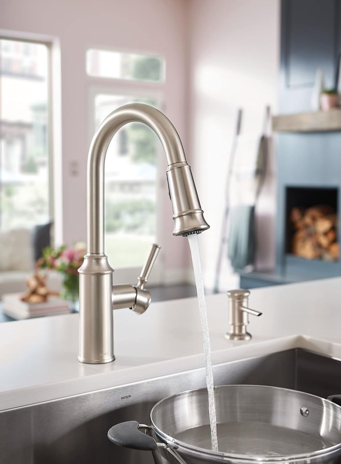 image:imageMoen 87731SRS Glenshire OneHandle High Arc Pulldown Kitchen Faucet with Soap Dispenser Spot Resist Stainless