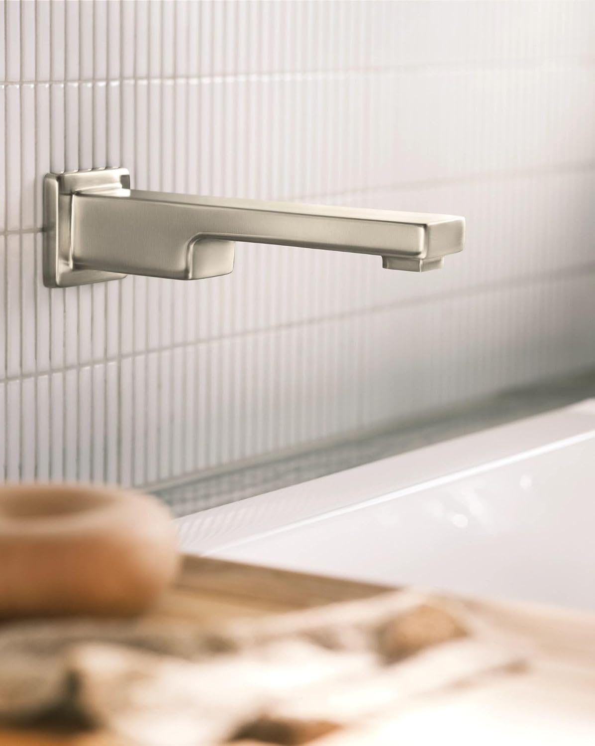 image:imageMoen 90 Degree Brushed Nickel Single Handle Wall Mount Tub Filler High Flow Tub Faucet with 10 Spout Reach WTS911BN