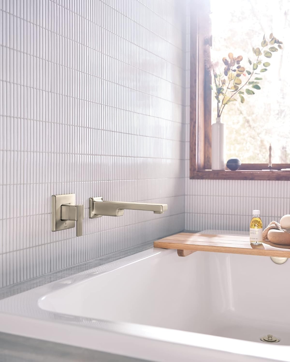 image:imageMoen 90 Degree Brushed Nickel Single Handle Wall Mount Tub Filler High Flow Tub Faucet with 10 Spout Reach WTS911BN