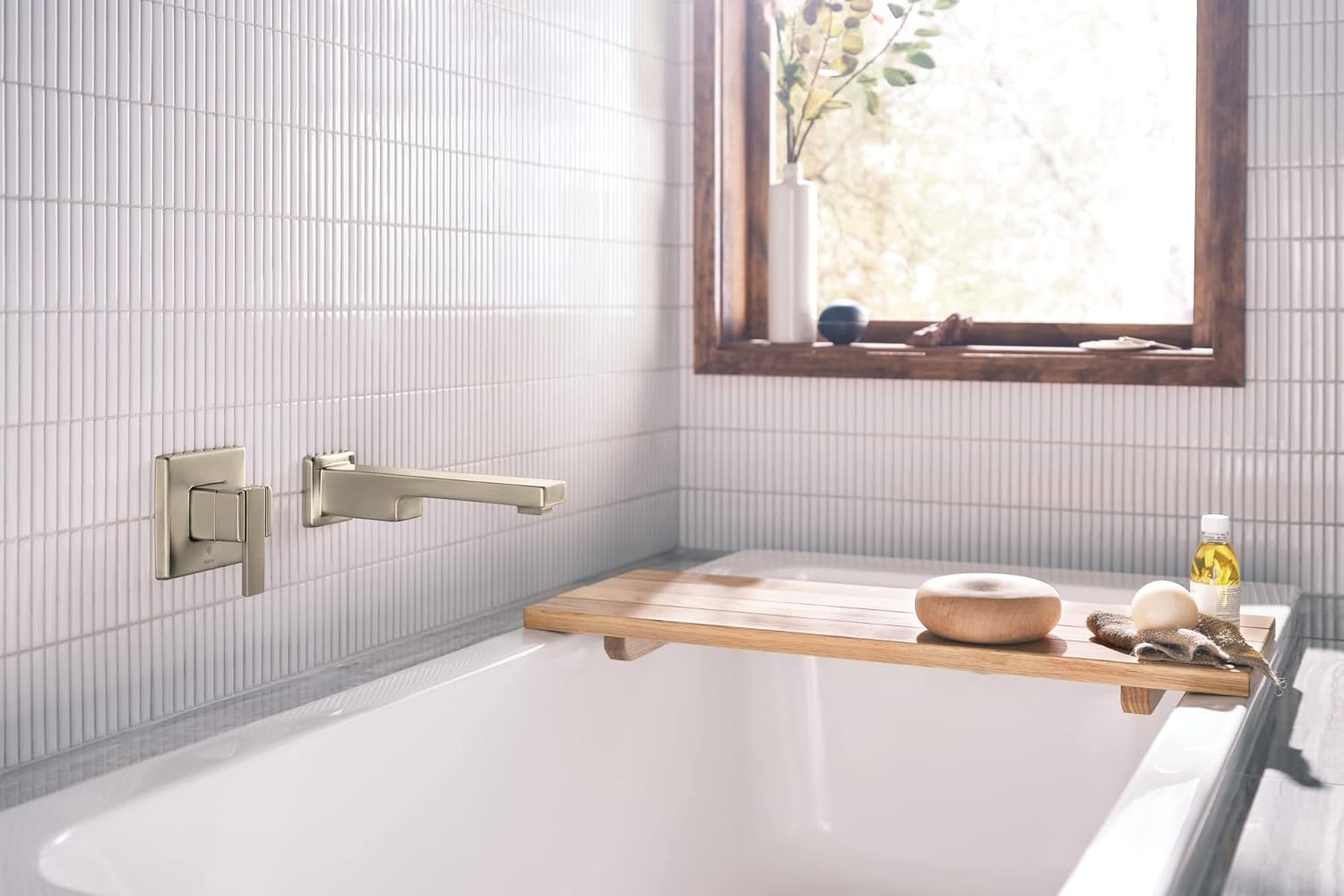 image:imageMoen 90 Degree Brushed Nickel Single Handle Wall Mount Tub Filler High Flow Tub Faucet with 10 Spout Reach WTS911BN