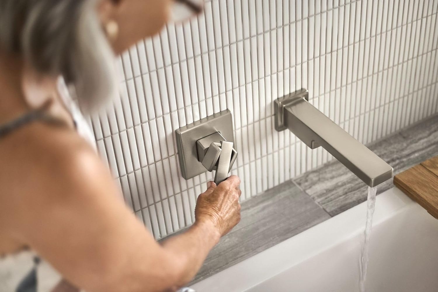 image:imageMoen 90 Degree Brushed Nickel Single Handle Wall Mount Tub Filler High Flow Tub Faucet with 10 Spout Reach WTS911BN