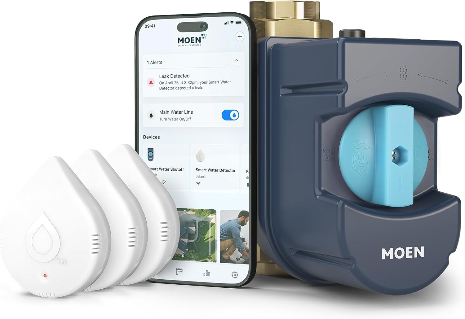 image:imageMoen 900002 Flo by Moen 114Inch Smart Water Shutoff with 920005 Flo by Moen Smart Water Detector 3PackShutoff Detector 3pack