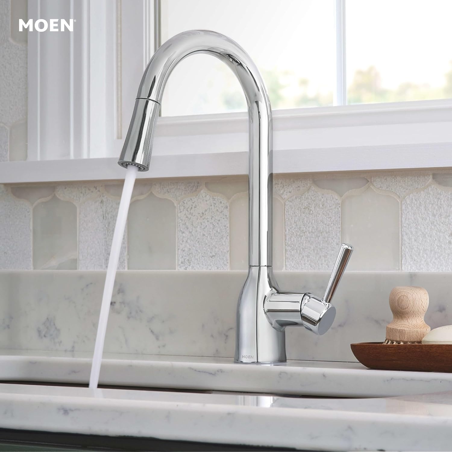 image:imageMoen Adler Mediterranean Bronze OneHandle High Arc Modern Kitchen Faucet with Power Clean and Pull Down Spray Head 87233BRBChrome
