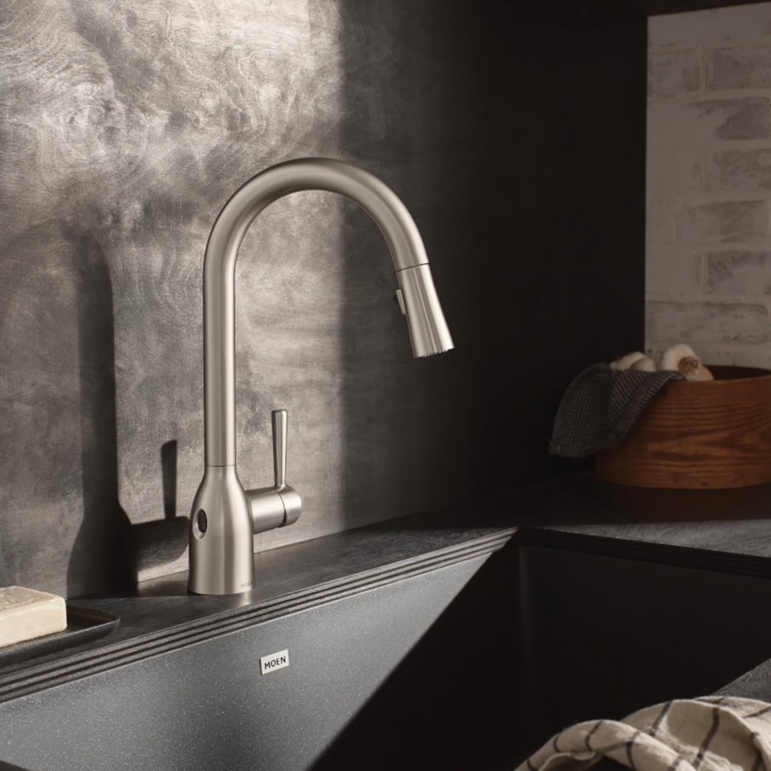 image:imageMoen Adler Mediterranean Bronze OneHandle High Arc Modern Kitchen Faucet with Power Clean and Pull Down Spray Head 87233BRBChrome