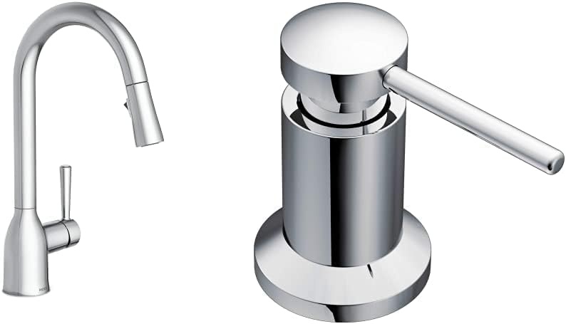image:imageMoen Adler Mediterranean Bronze OneHandle High Arc Modern Kitchen Faucet with Power Clean and Pull Down Spray Head 87233BRBChrome