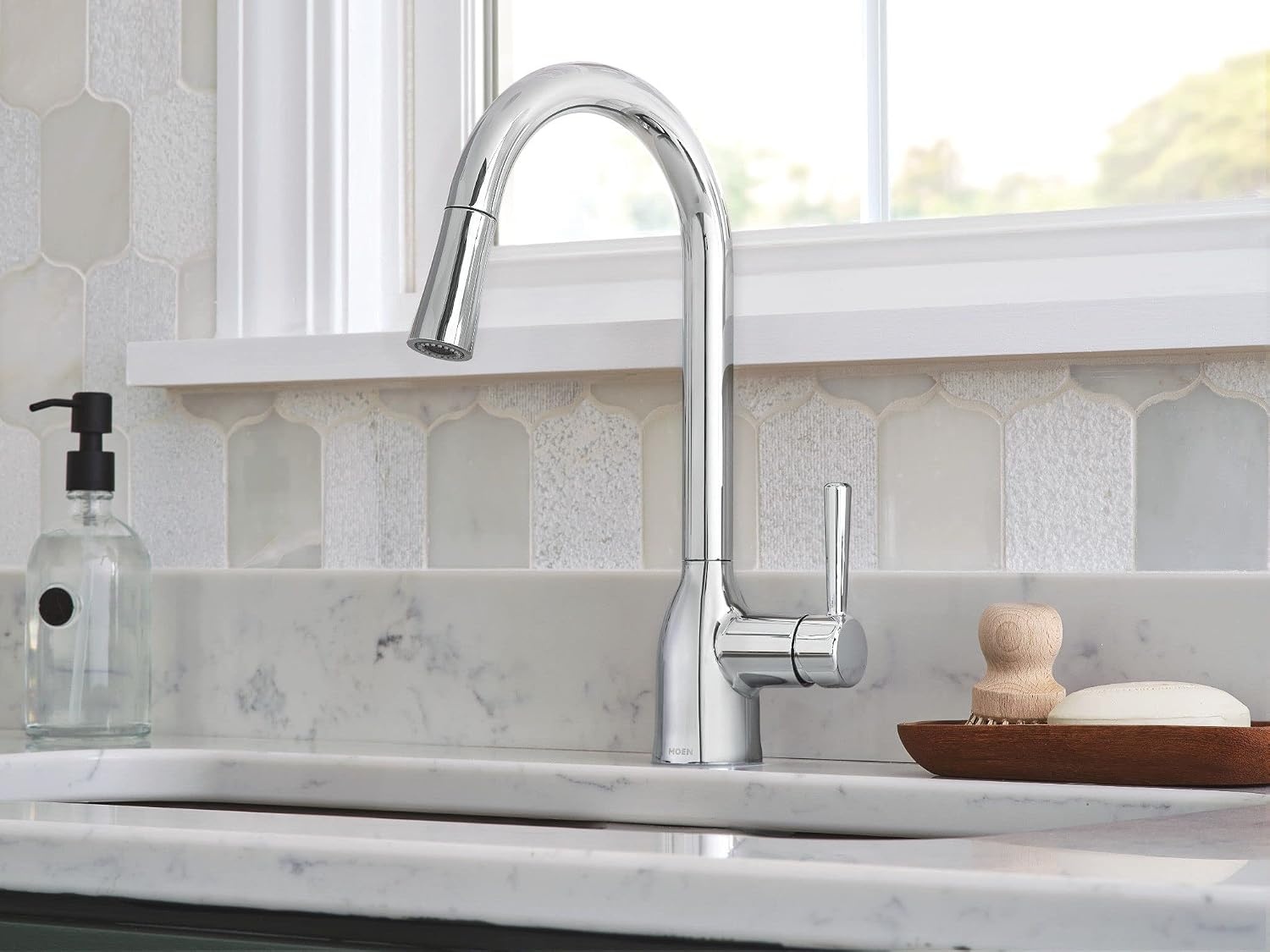 image:imageMoen Adler Mediterranean Bronze OneHandle High Arc Modern Kitchen Faucet with Power Clean and Pull Down Spray Head 87233BRBChrome