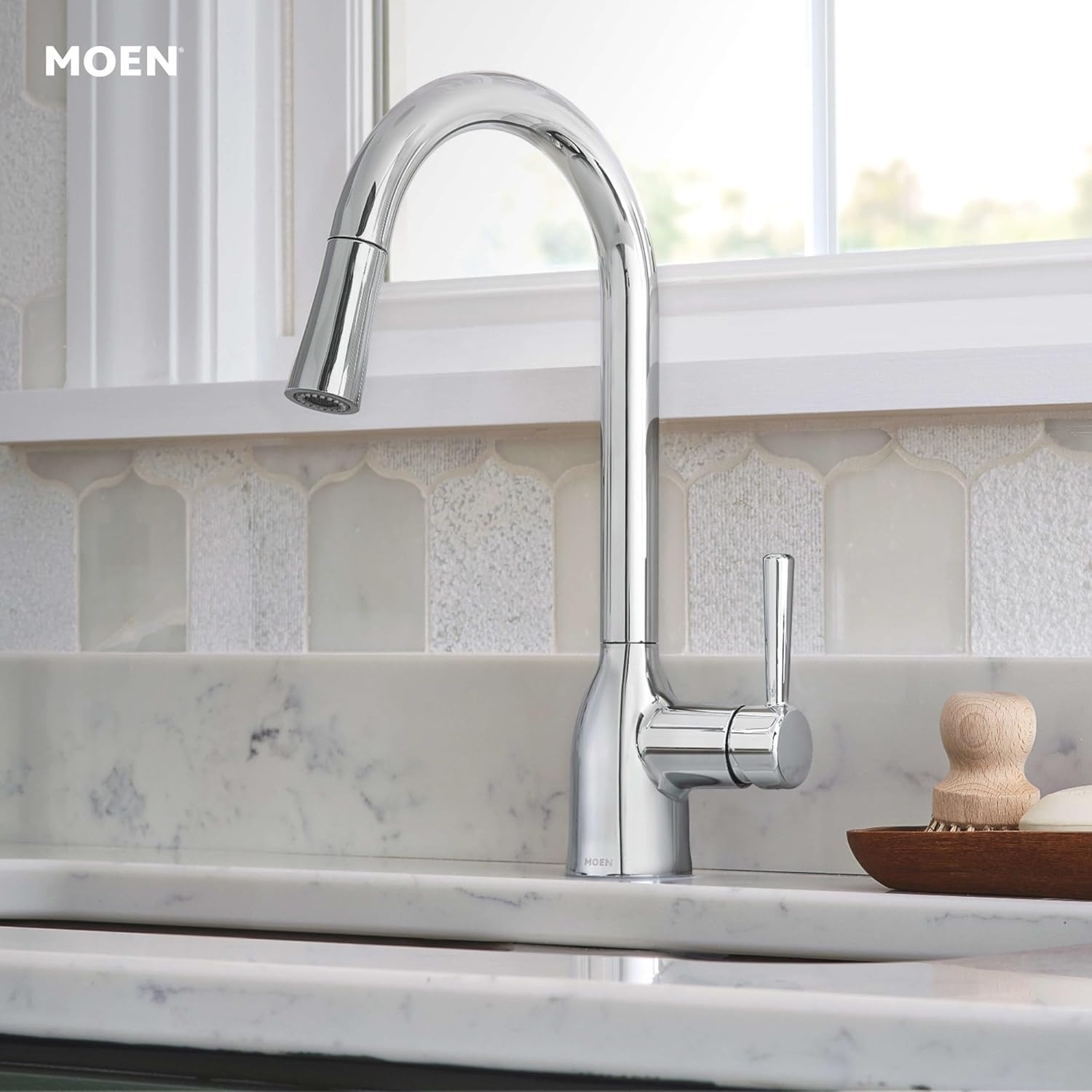 image:imageMoen Adler Mediterranean Bronze OneHandle High Arc Modern Kitchen Faucet with Power Clean and Pull Down Spray Head 87233BRBChrome