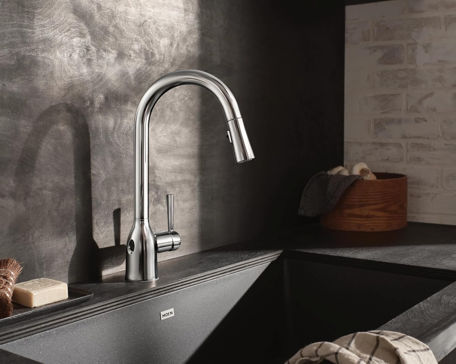image:imageMoen Adler Mediterranean Bronze OneHandle High Arc Modern Kitchen Faucet with Power Clean and Pull Down Spray Head 87233BRBChrome