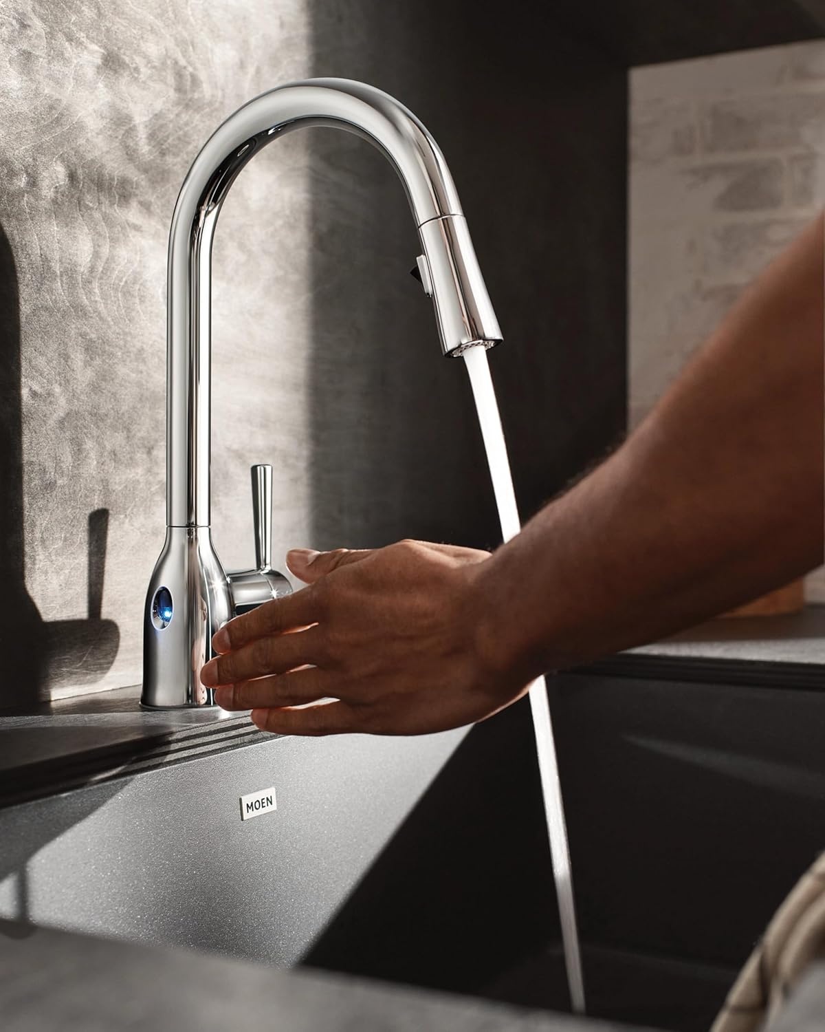 image:imageMoen Adler Mediterranean Bronze OneHandle High Arc Modern Kitchen Faucet with Power Clean and Pull Down Spray Head 87233BRBChrome