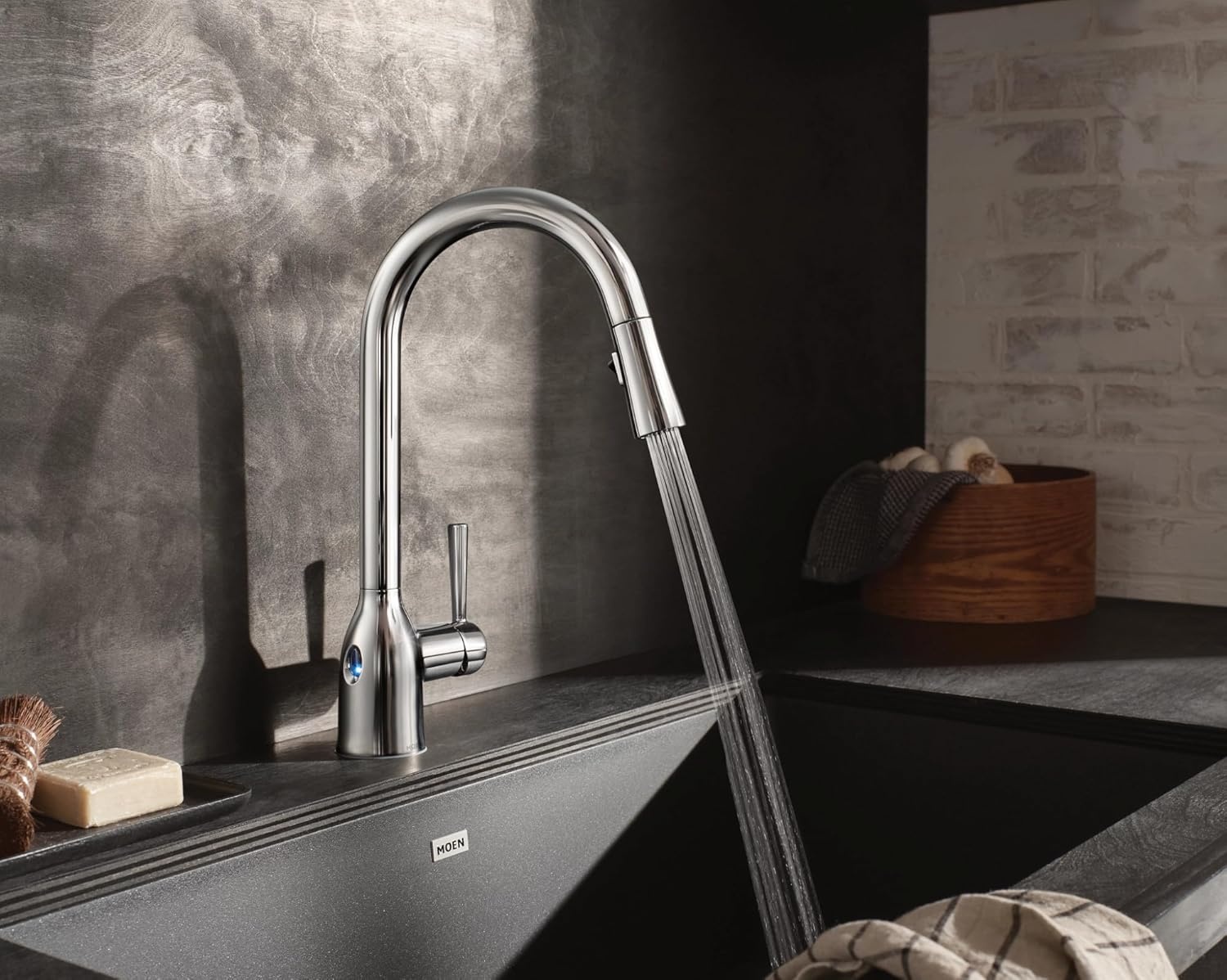 image:imageMoen Adler Mediterranean Bronze OneHandle High Arc Modern Kitchen Faucet with Power Clean and Pull Down Spray Head 87233BRBChrome
