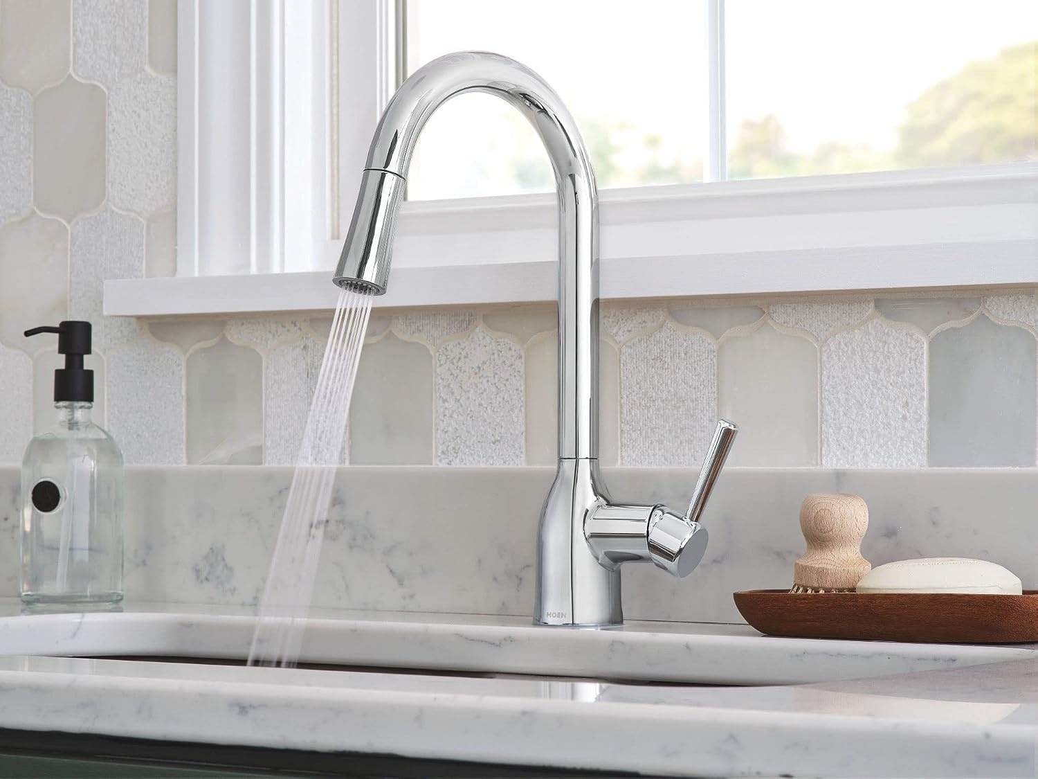 image:imageMoen Adler Mediterranean Bronze OneHandle High Arc Modern Kitchen Faucet with Power Clean and Pull Down Spray Head 87233BRBChrome
