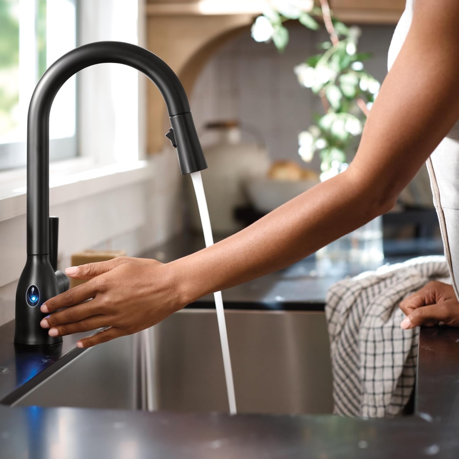 image:imageMoen Adler Mediterranean Bronze OneHandle High Arc Modern Kitchen Faucet with Power Clean and Pull Down Spray Head 87233BRBMatte Black