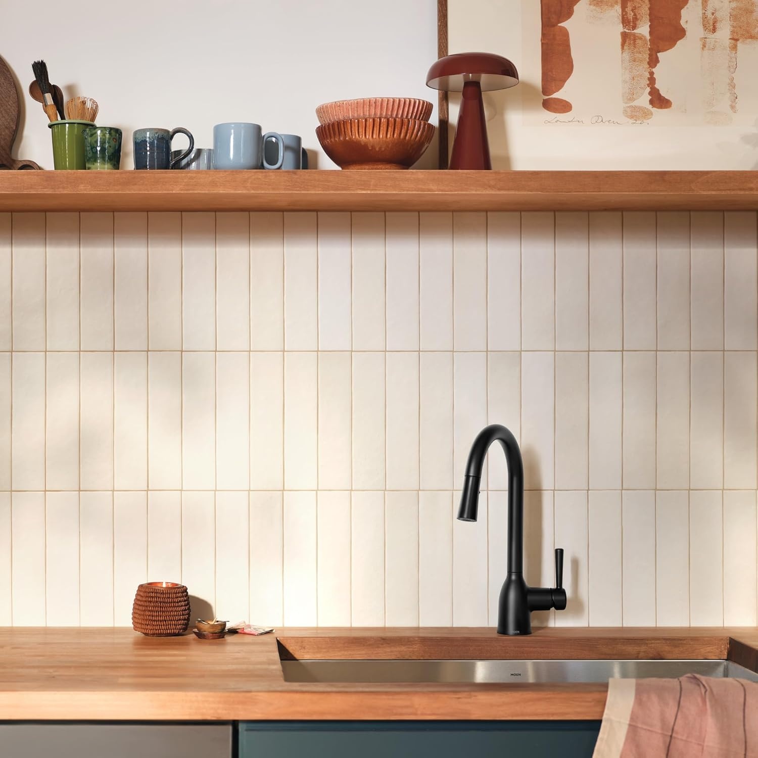 image:imageMoen Adler Mediterranean Bronze OneHandle High Arc Modern Kitchen Faucet with Power Clean and Pull Down Spray Head 87233BRBMatte Black