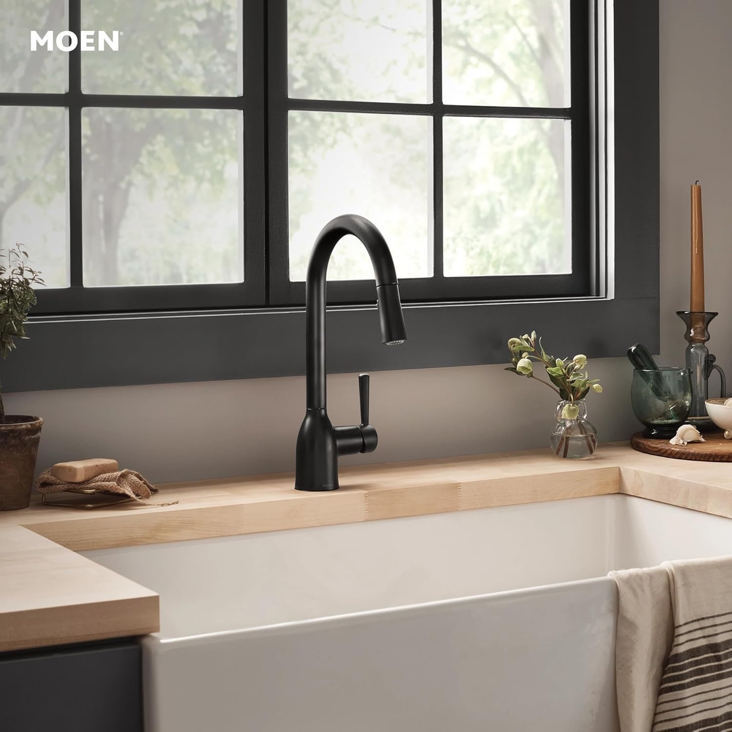 image:imageMoen Adler Mediterranean Bronze OneHandle High Arc Modern Kitchen Faucet with Power Clean and Pull Down Spray Head 87233BRBMatte Black