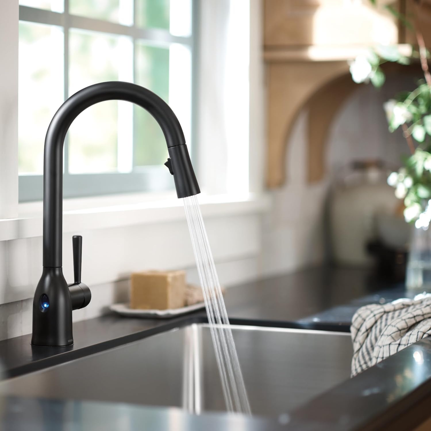 image:imageMoen Adler Mediterranean Bronze OneHandle High Arc Modern Kitchen Faucet with Power Clean and Pull Down Spray Head 87233BRBMatte Black