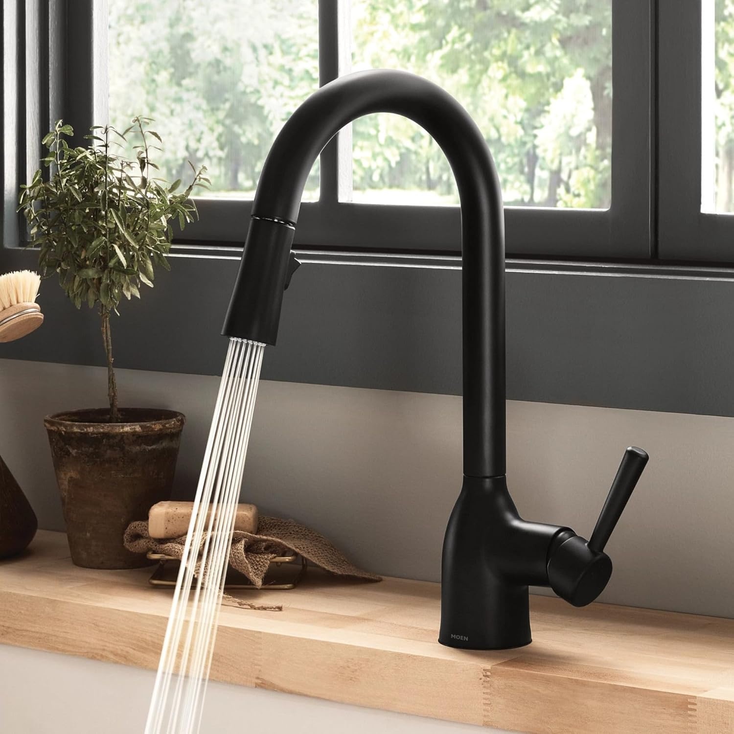 image:imageMoen Adler Mediterranean Bronze OneHandle High Arc Modern Kitchen Faucet with Power Clean and Pull Down Spray Head 87233BRBMatte Black
