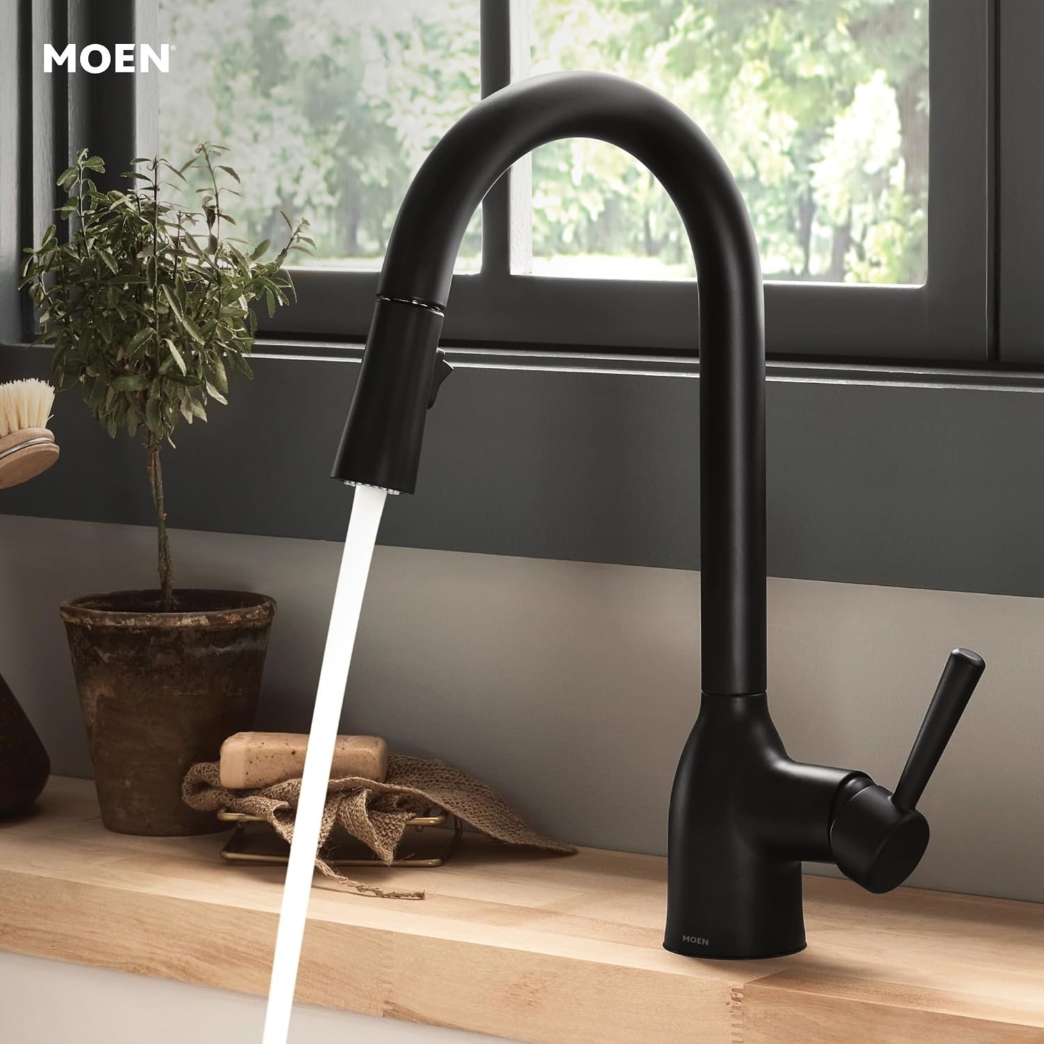 image:imageMoen Adler Mediterranean Bronze OneHandle High Arc Modern Kitchen Faucet with Power Clean and Pull Down Spray Head 87233BRBMatte Black